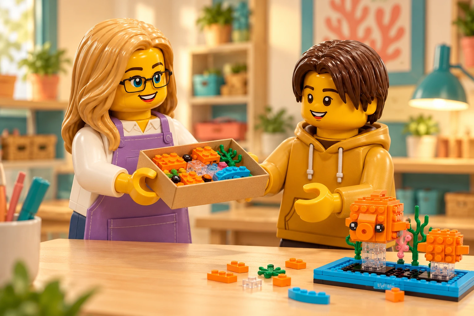 Illustration d’atelier : une figurine adulte blonde à lunettes et une figurine adolescente aux cheveux châtain foncé autour de Le poisson rouge, scène de transmission.