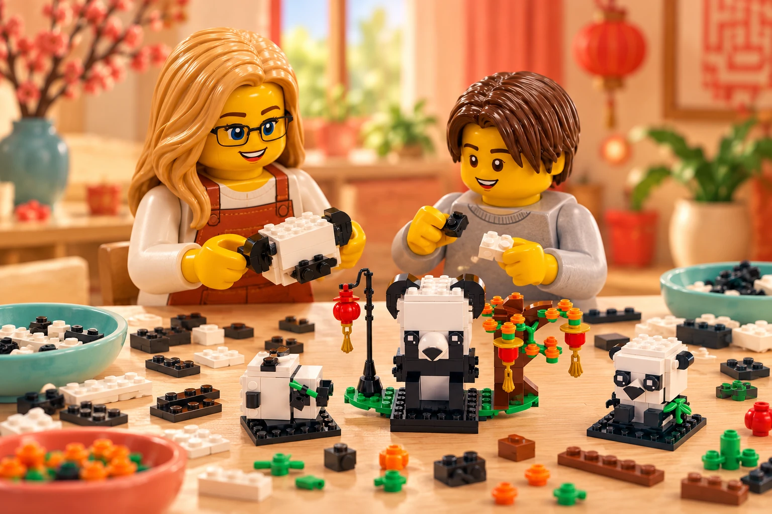Illustration en briques : une adulte blonde à lunettes et un adolescent châtain travaillent sur un petit sous-ensemble de tête avec des pièces triées du set 40466 Les pandas du Nouvel an chinois.