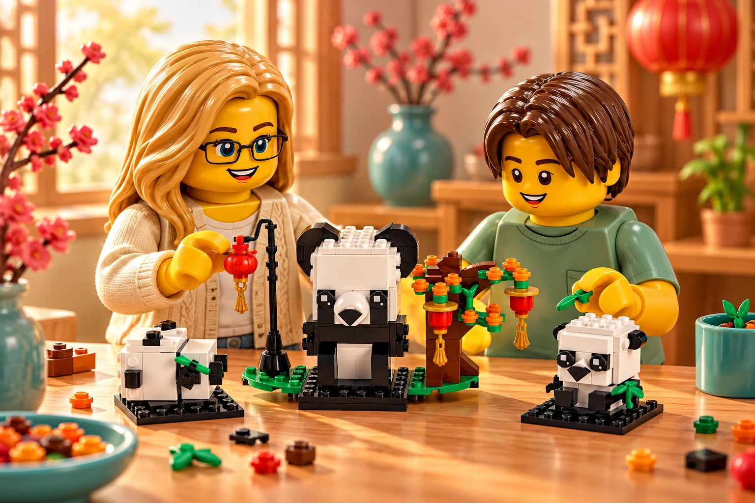 Illustration en briques : une adulte blonde à lunettes et un adolescent châtain découvrent le petit modèle complet sur une table du set 40466 Les pandas du Nouvel an chinois.
