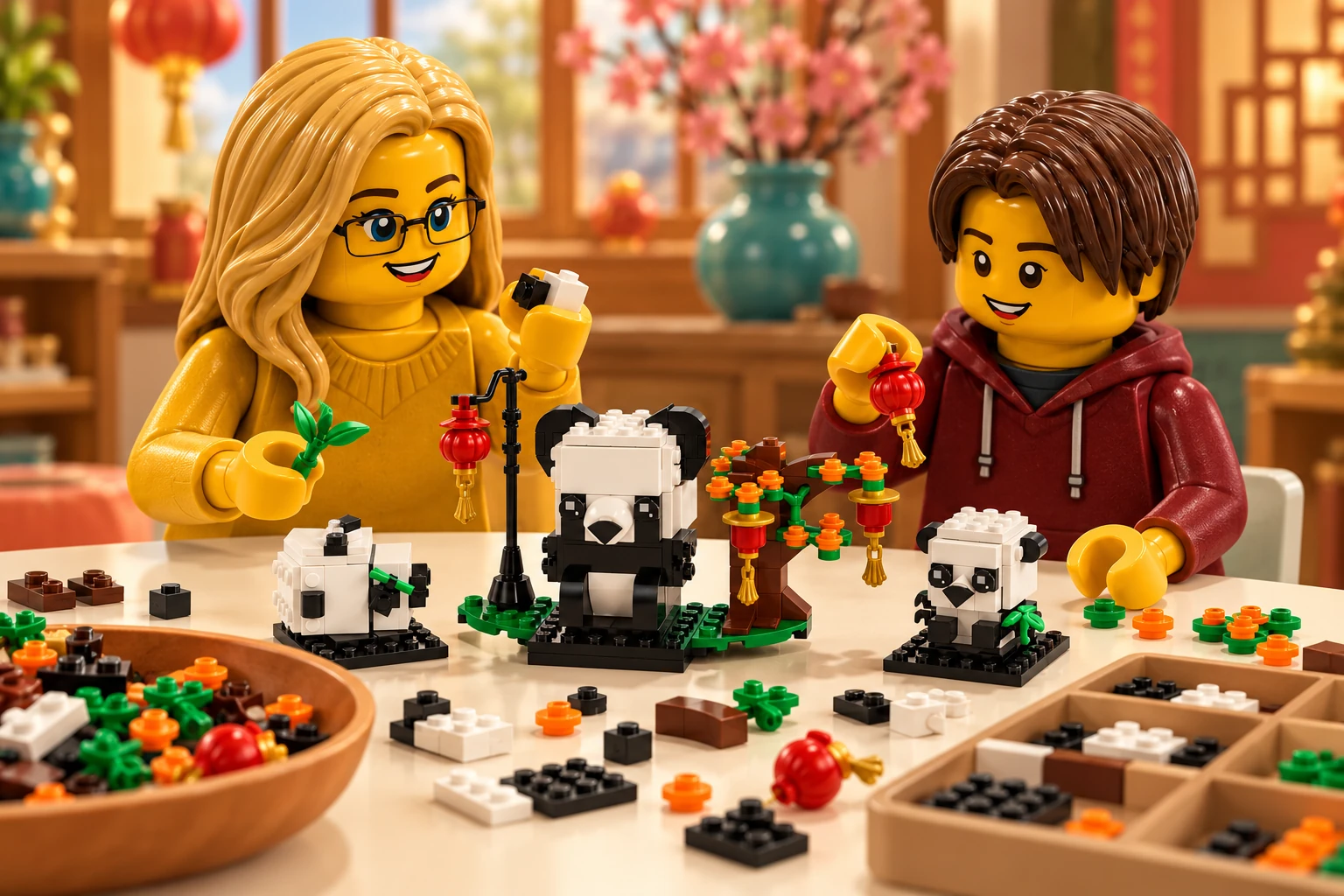 Illustration en briques : une adulte blonde à lunettes et un adolescent châtain comparent de petites pièces et des sous-ensembles incomplets dans des bacs de tri du set 40466 Les pandas du Nouvel an chinois.
