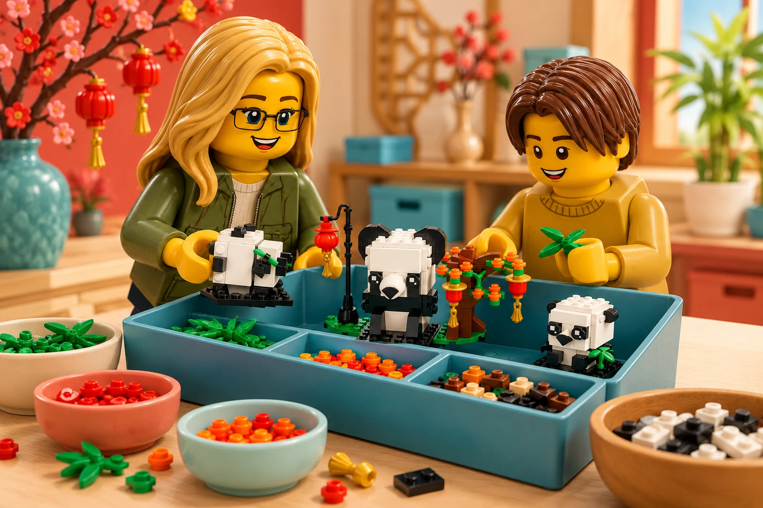 Illustration en briques : une adulte blonde à lunettes et un adolescent châtain rangent des sous-ensembles et des pièces triées dans une boîte du set 40466 Les pandas du Nouvel an chinois.