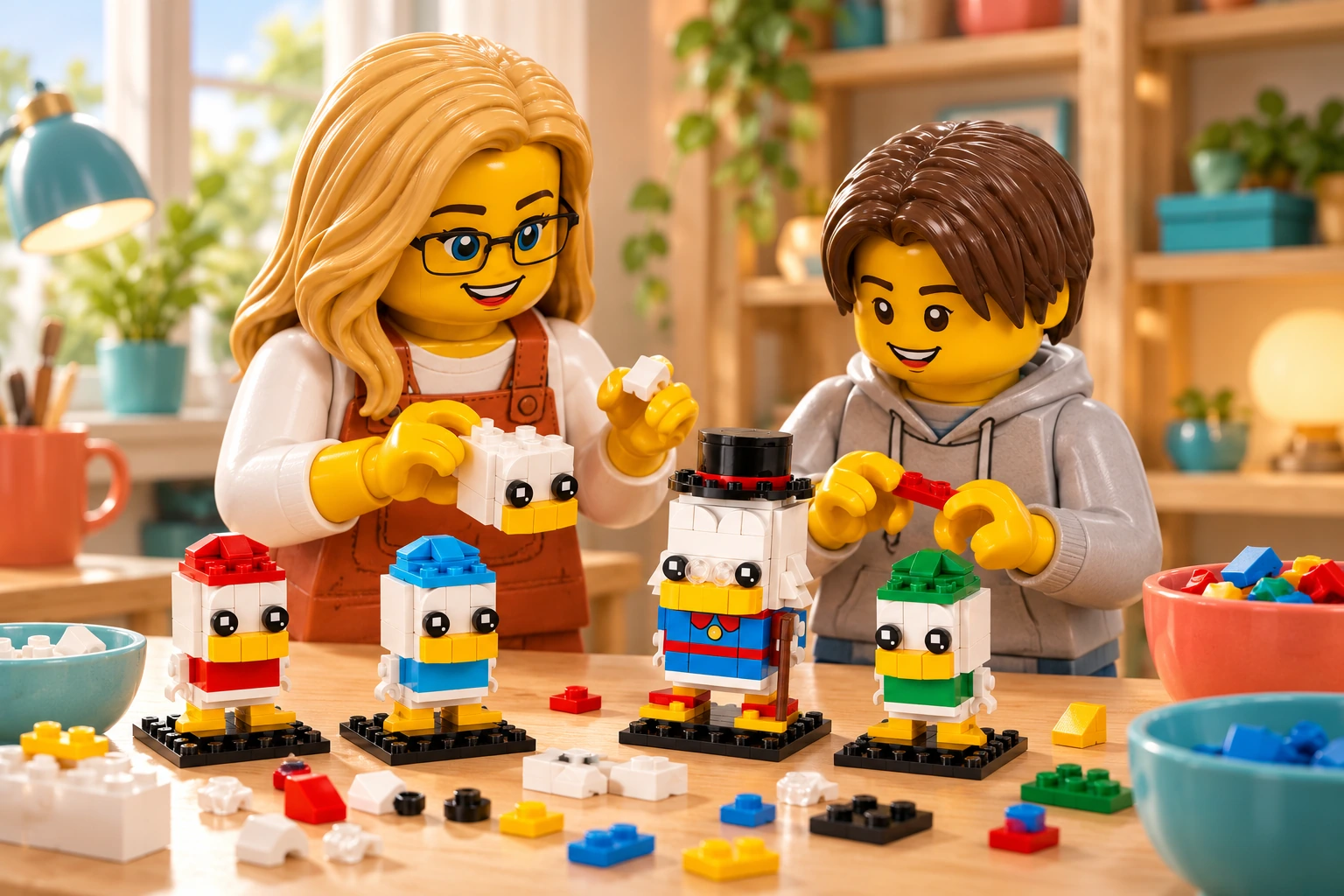 Illustration en briques : une adulte blonde à lunettes et un adolescent châtain travaillent sur un petit sous-ensemble de tête avec des pièces triées du set 40477 Balthazar Picsou, Riri, Fifi et Loulou.