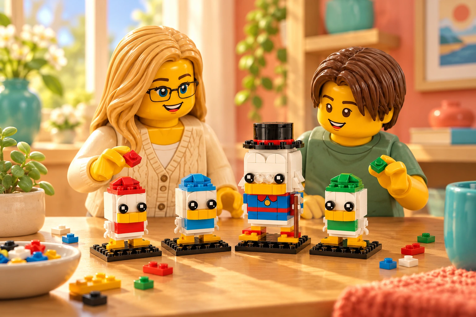 Illustration en briques : une adulte blonde à lunettes et un adolescent châtain découvrent le petit modèle complet sur une table du set 40477 Balthazar Picsou, Riri, Fifi et Loulou.