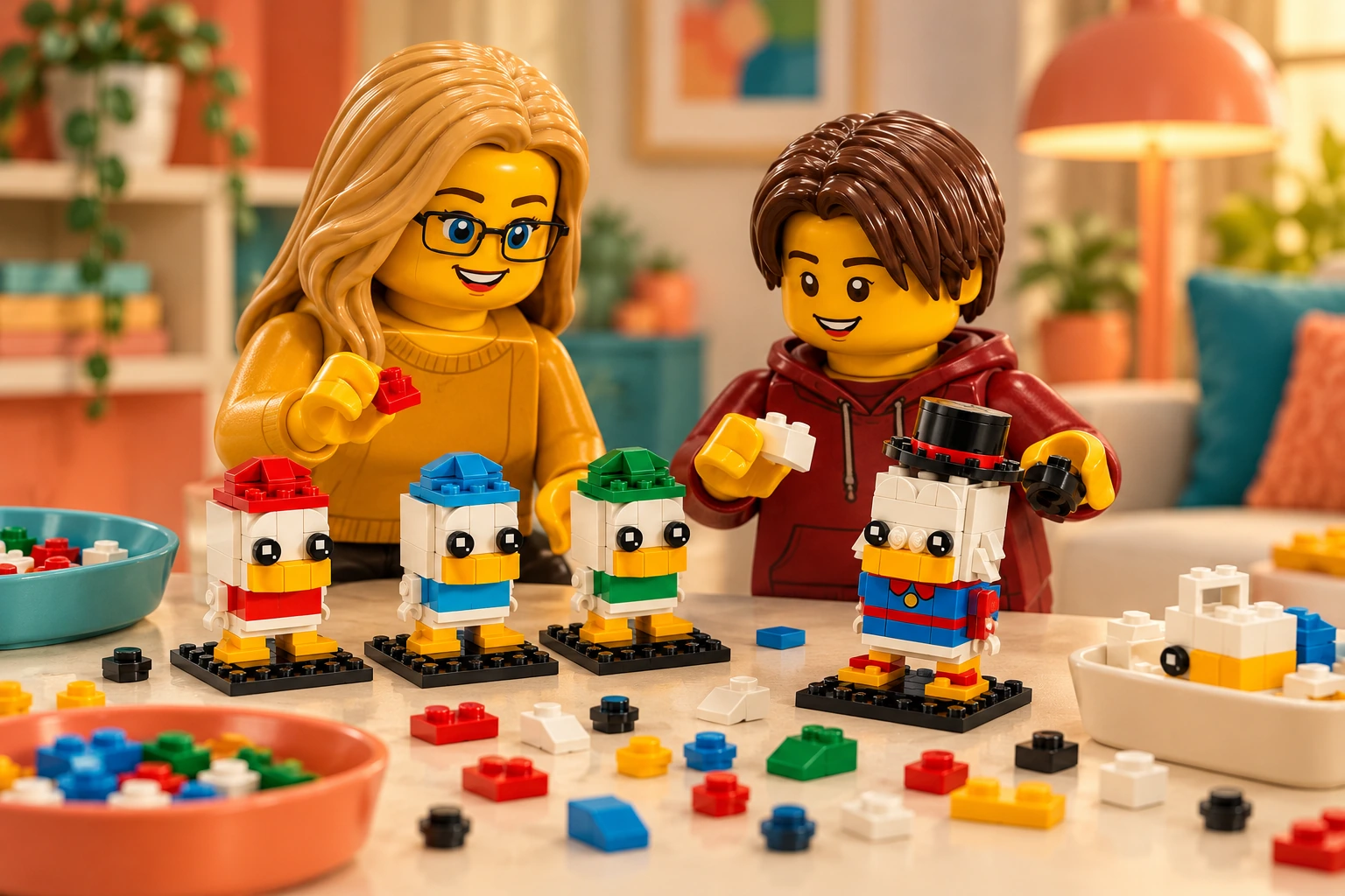 Illustration en briques : une adulte blonde à lunettes et un adolescent châtain comparent de petites pièces et des sous-ensembles incomplets dans des bacs de tri du set 40477 Balthazar Picsou, Riri, Fifi et Loulou.