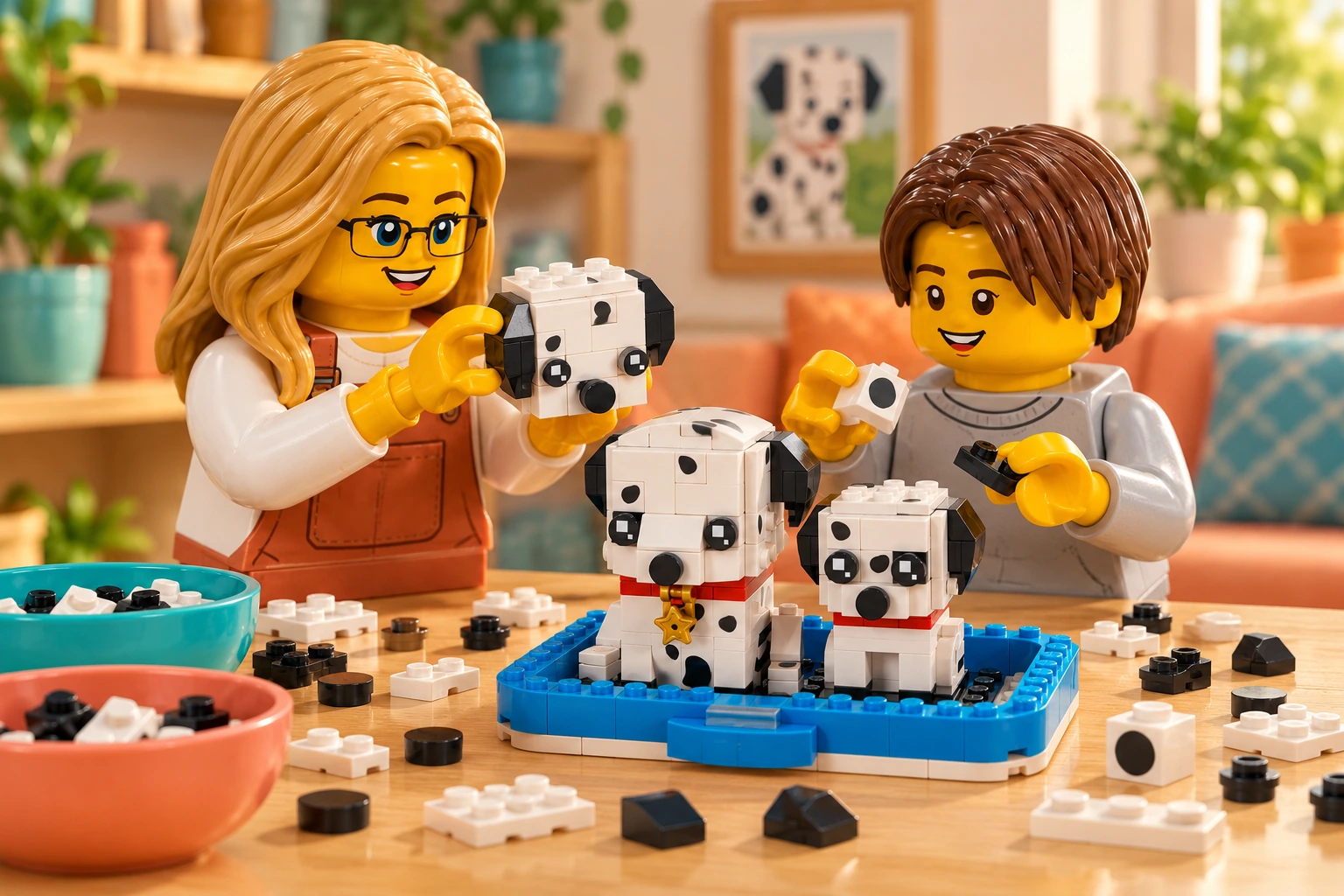 Illustration en briques : une adulte blonde à lunettes et un adolescent châtain travaillent sur un petit sous-ensemble de tête avec des pièces triées du set 40479 Le dalmatien.