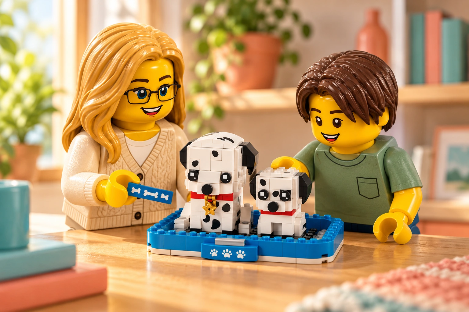 Illustration en briques : une adulte blonde à lunettes et un adolescent châtain découvrent le petit modèle complet sur une table du set 40479 Le dalmatien.