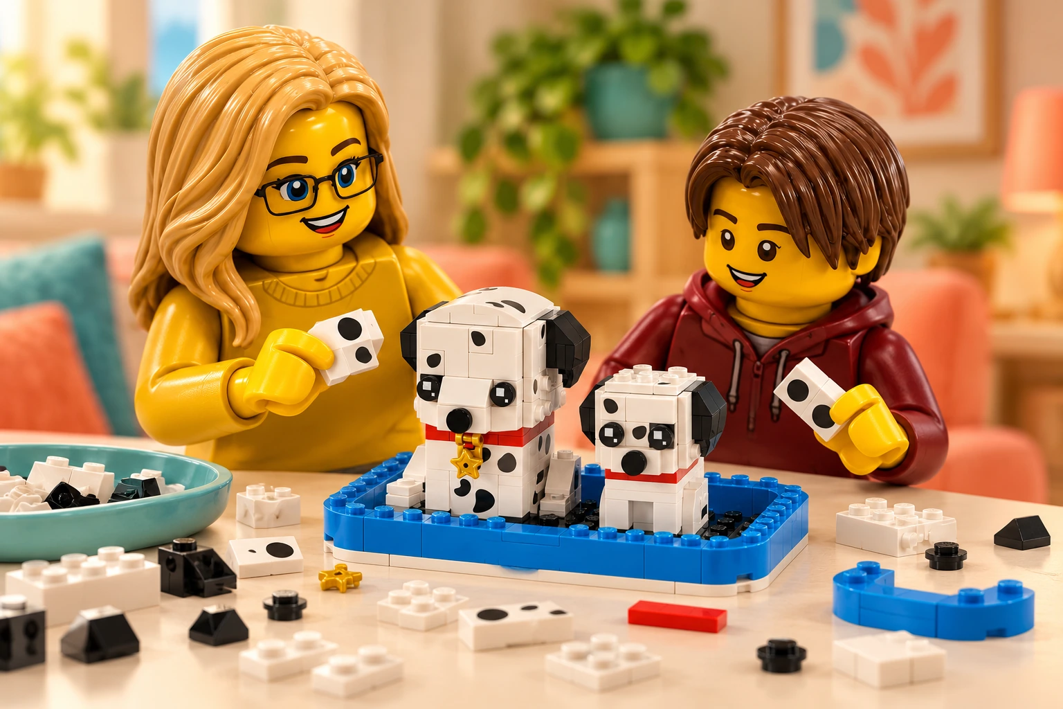 Illustration en briques : une adulte blonde à lunettes et un adolescent châtain comparent de petites pièces et des sous-ensembles incomplets dans des bacs de tri du set 40479 Le dalmatien.