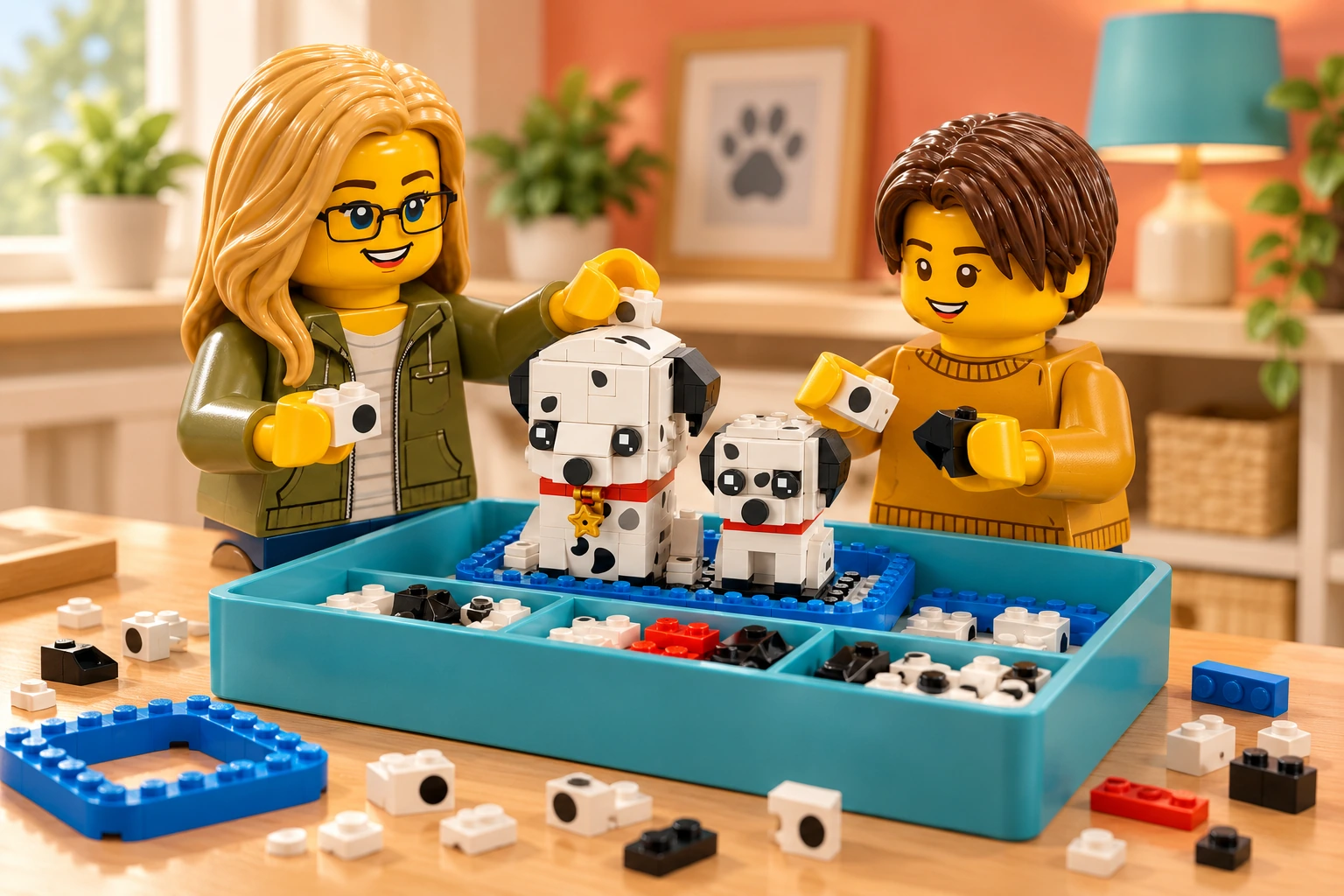 Illustration en briques : une adulte blonde à lunettes et un adolescent châtain rangent des sous-ensembles et des pièces triées dans une boîte du set 40479 Le dalmatien.