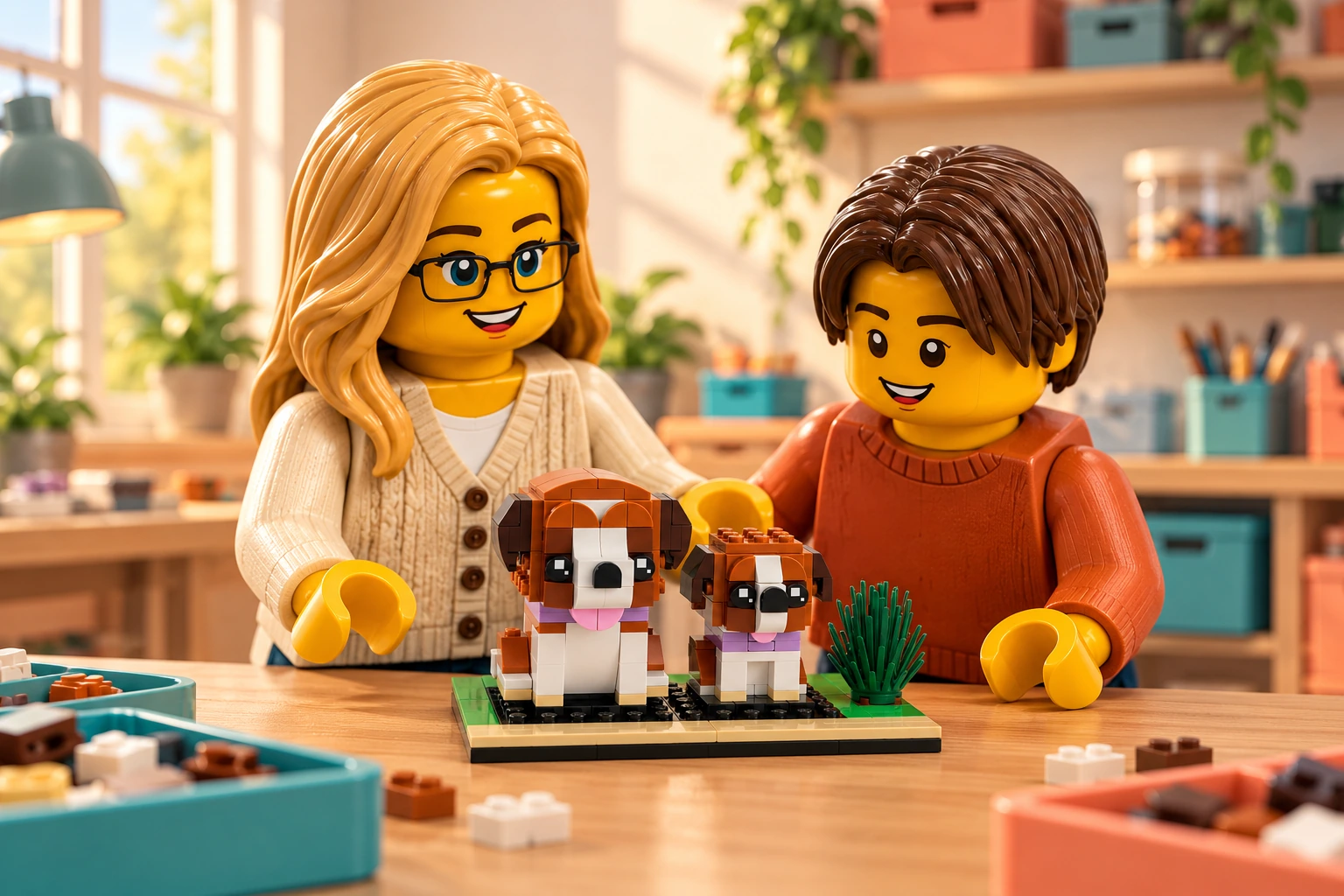 Illustration en briques : une adulte blonde à lunettes noires et un adolescent châtain foncé découvrent les deux petits saint-bernards assemblés, leurs colliers lavande et le buisson sur le socle.