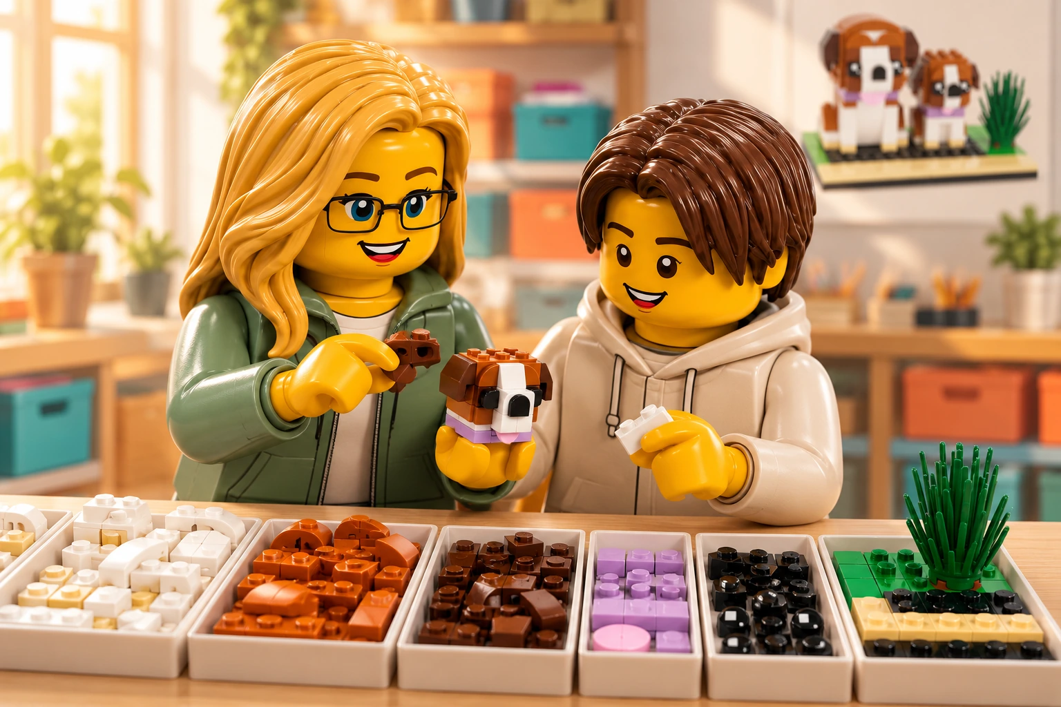 Illustration en briques : une adulte blonde à lunettes noires et un adolescent châtain foncé observent une petite tête de saint-bernard et des pièces brunes et blanches, devant des bacs triés par couleur.