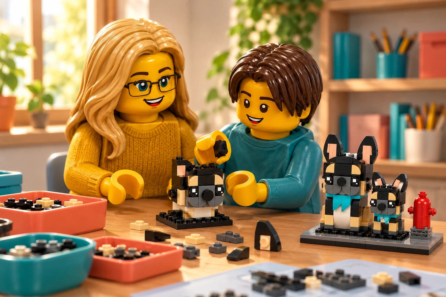 Illustration en briques : une adulte blonde à lunettes noires et un adolescent châtain foncé examinent une petite tête de bouledogue partiellement assemblée sur la table ; l’adolescent tient une pièce noire au-dessus.