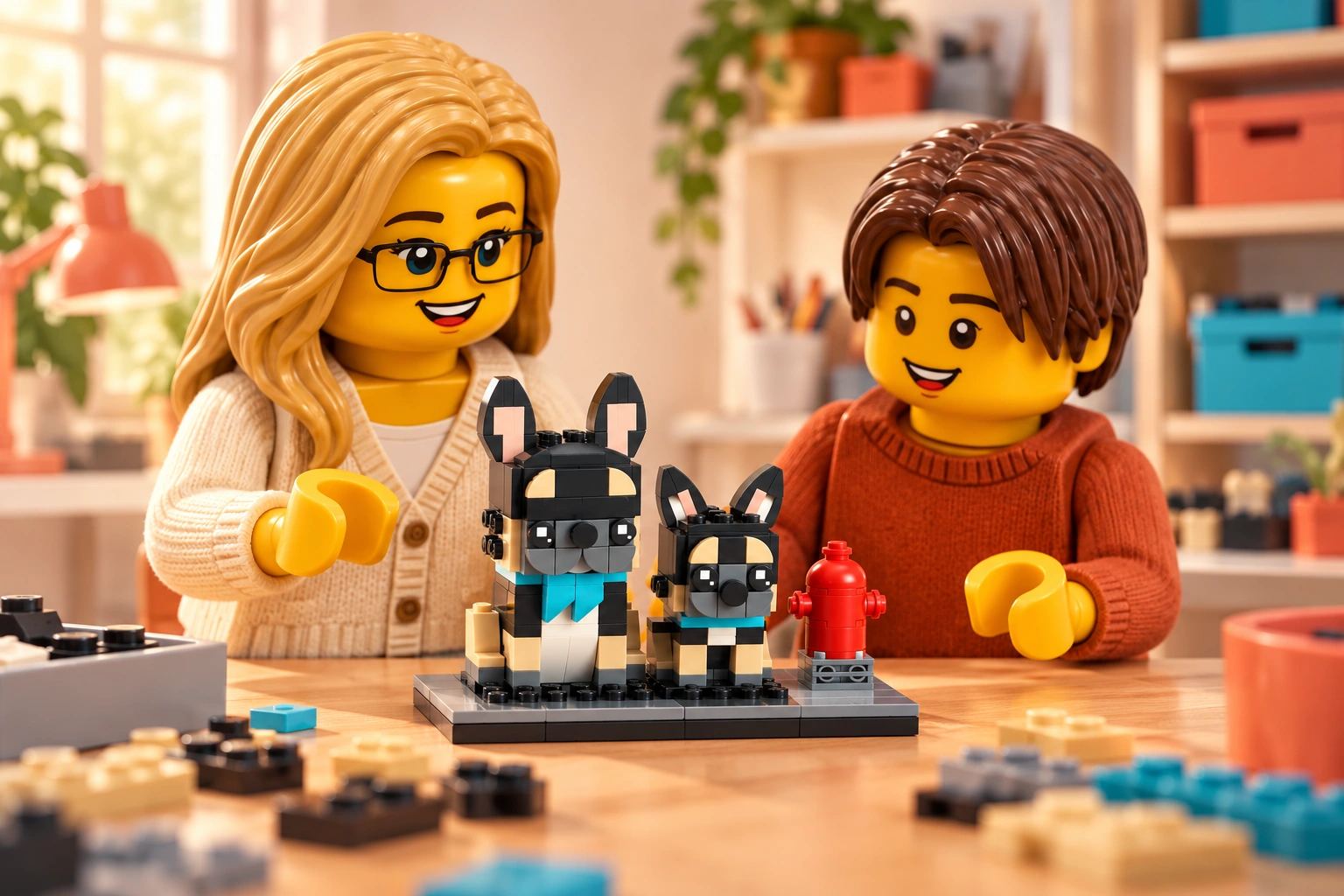 Illustration en briques : une adulte blonde à lunettes noires et un adolescent châtain foncé découvrent les deux petits bouledogues assemblés et la borne rouge sur leur socle gris.
