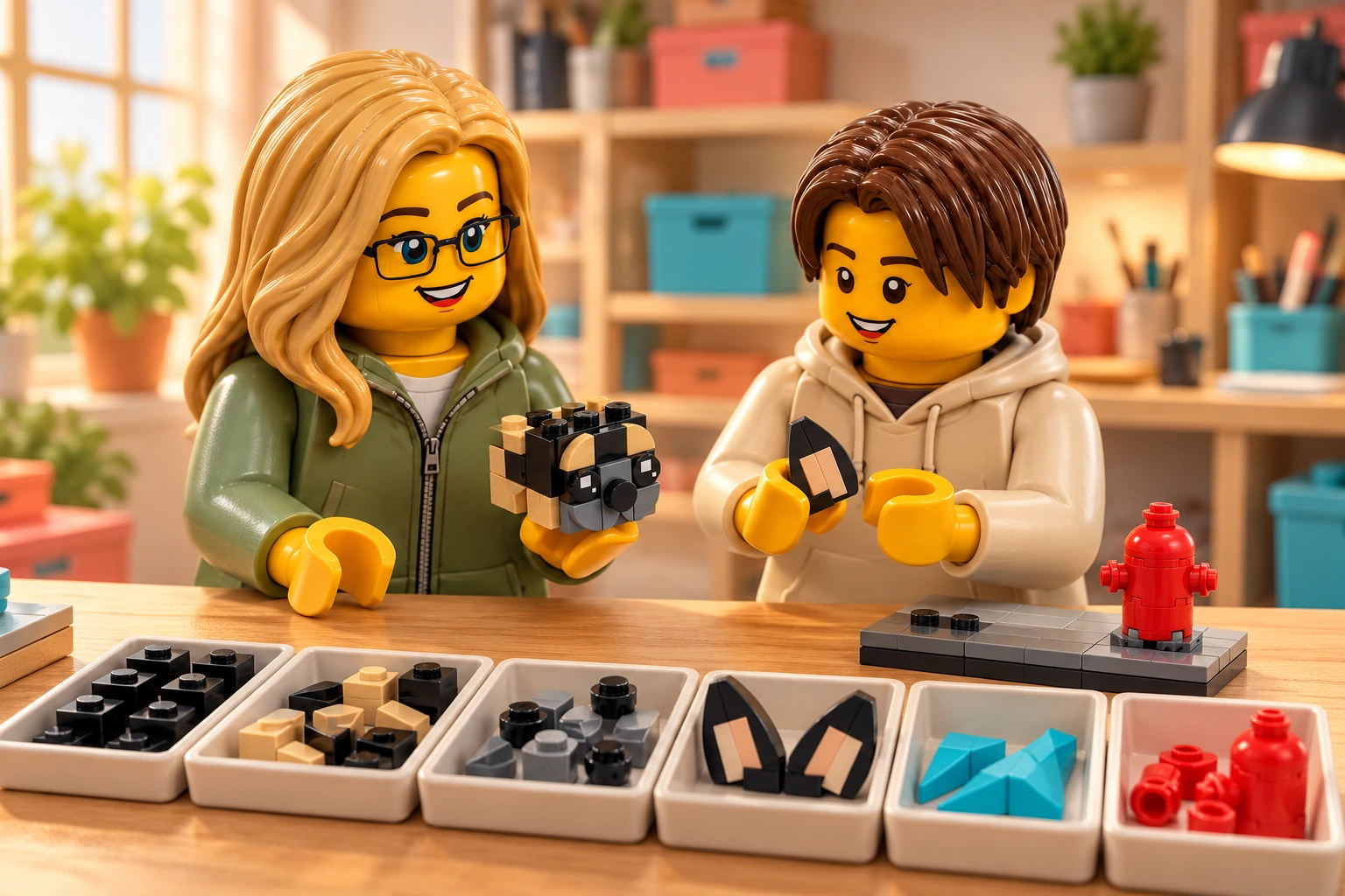 Illustration en briques : une adulte blonde à lunettes noires et un adolescent châtain foncé observent une tête de bouledogue sans ses oreilles fixées ; l’adolescent tient une oreille à côté des bacs de pièces.