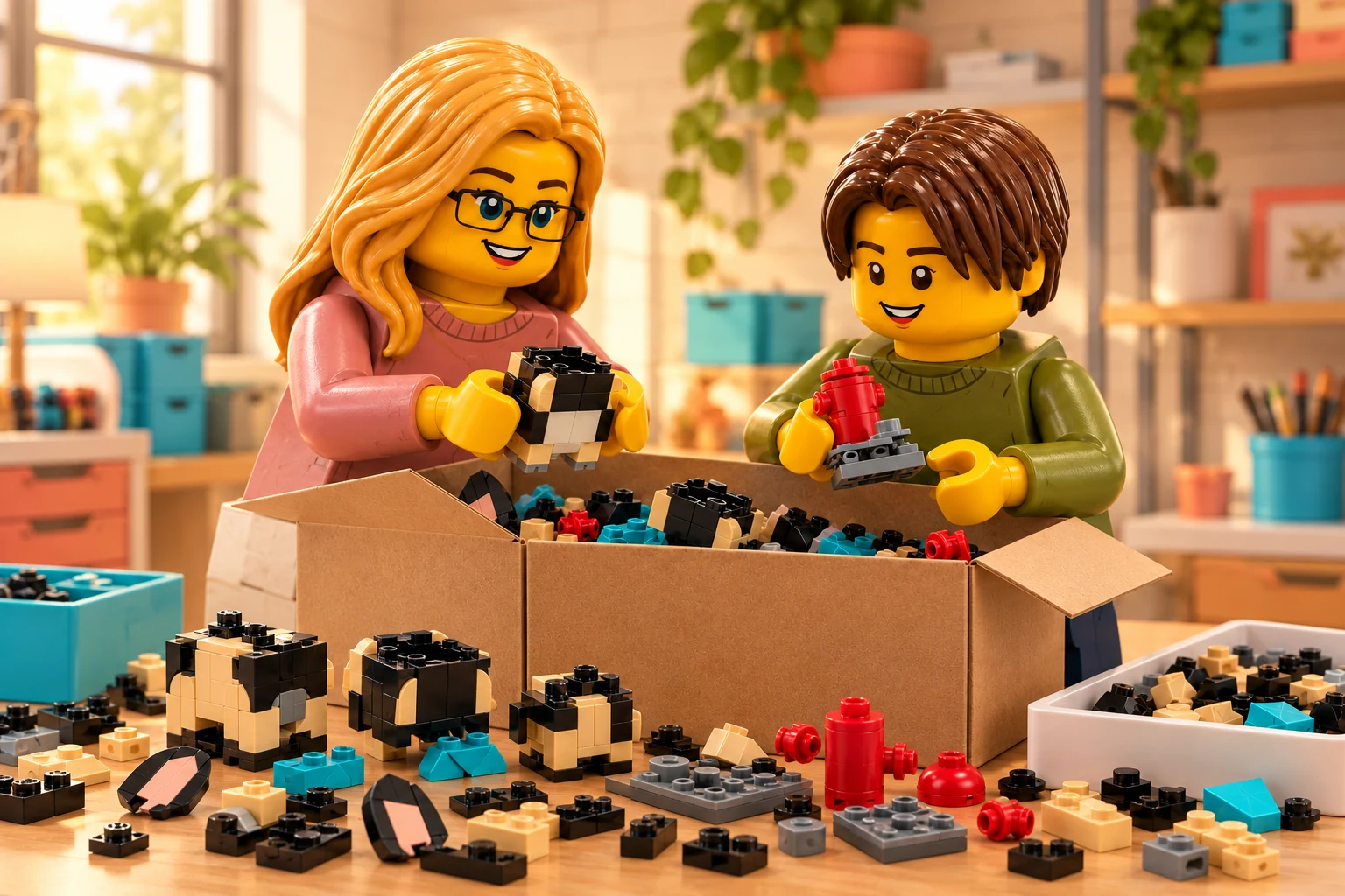 Illustration en briques : une adulte blonde à lunettes noires et un adolescent châtain foncé préparent une boîte de pièces : l’adulte tient un corps noir et beige sans tête achevée, l’adolescent une borne rouge sur un petit support gris ; des oreilles et foulards sont détachés sur la table.