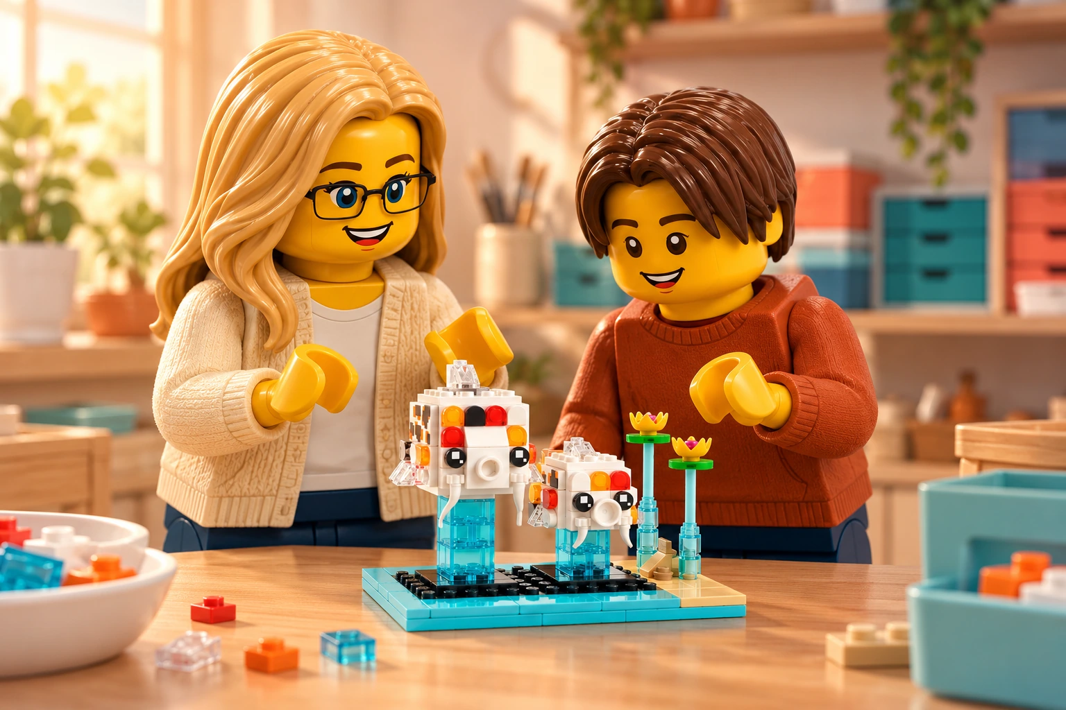 Illustration en briques : une adulte blonde à lunettes noires et un adolescent châtain foncé découvrent les deux petites carpes assemblées sur des supports transparents, à côté de fleurs jaunes.