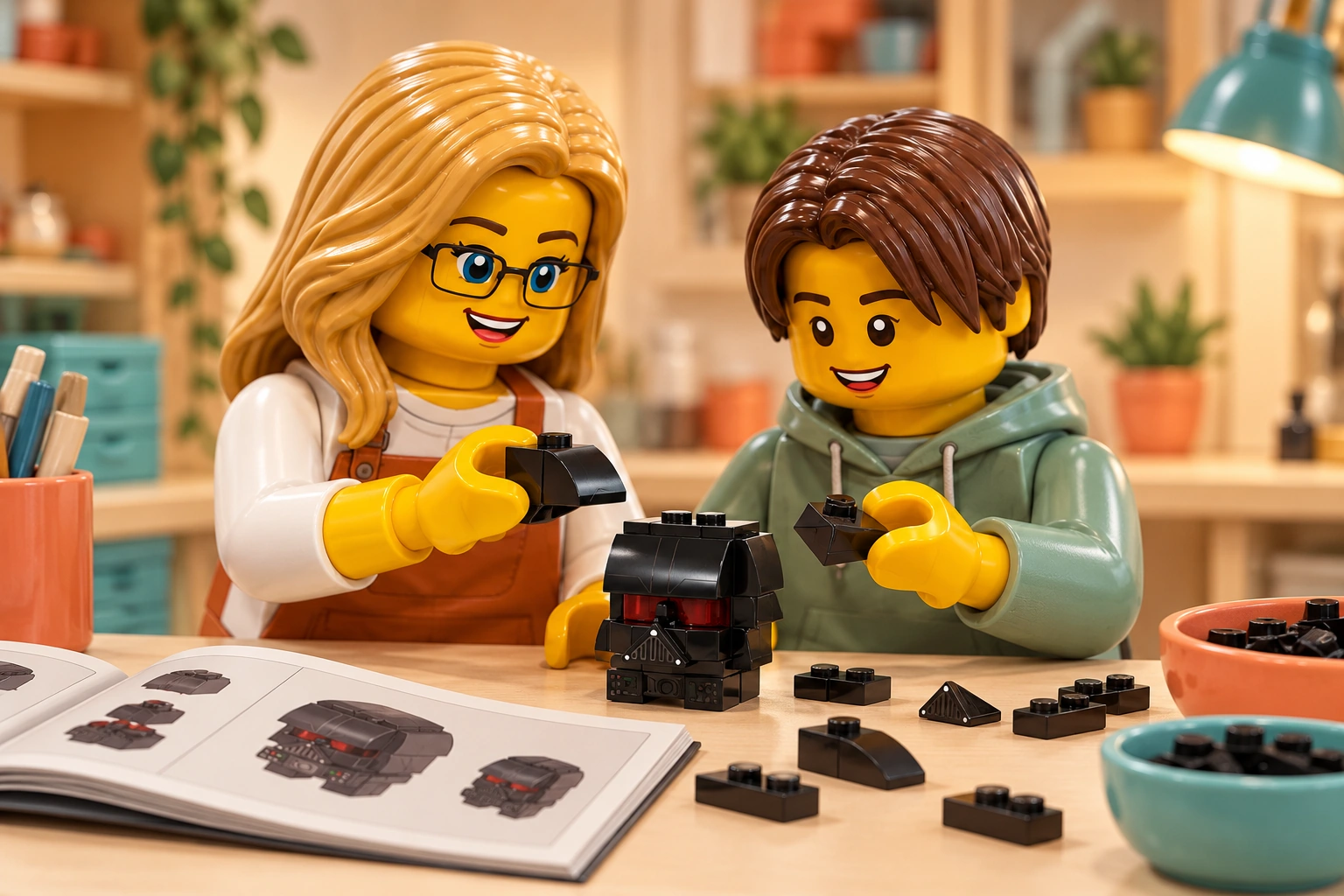 Illustration en briques : un modèle partiel de Dark Vador est posé sur la table ; une adulte blonde à lunettes tient une pièce courbe noire distincte et un adolescent châtain manipule une petite pièce auprès du livret ouvert.