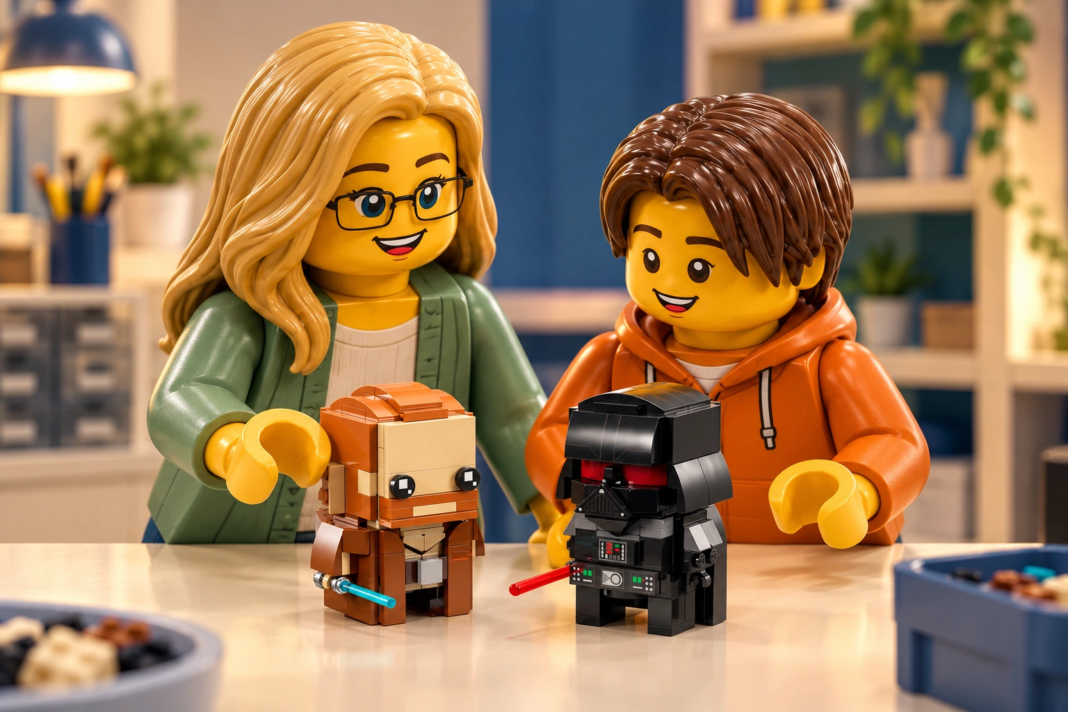 Illustration en briques : une adulte blonde à lunettes et un adolescent châtain découvrent les deux petits modèles assemblés d’Obi-Wan Kenobi et Dark Vador sur une table.