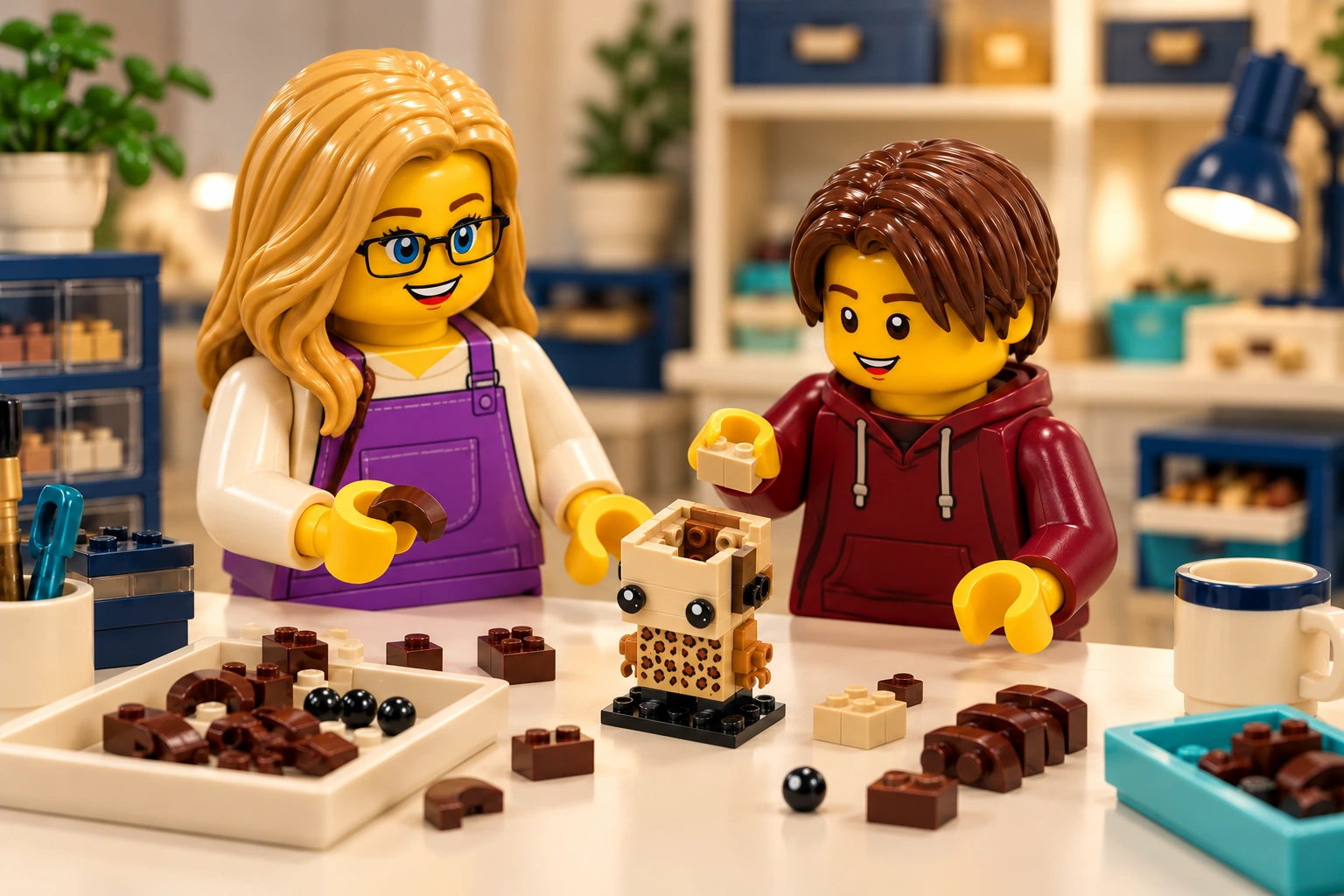 Illustration en briques : une adulte blonde aux yeux bleus et à lunettes noires tient une courbe de cheveux brune ; un adolescent châtain foncé tient une brique beige au-dessus de la tête ouverte d’un petit modèle partiel à tenue léopard, dont la cavité et la structure interne restent visibles.