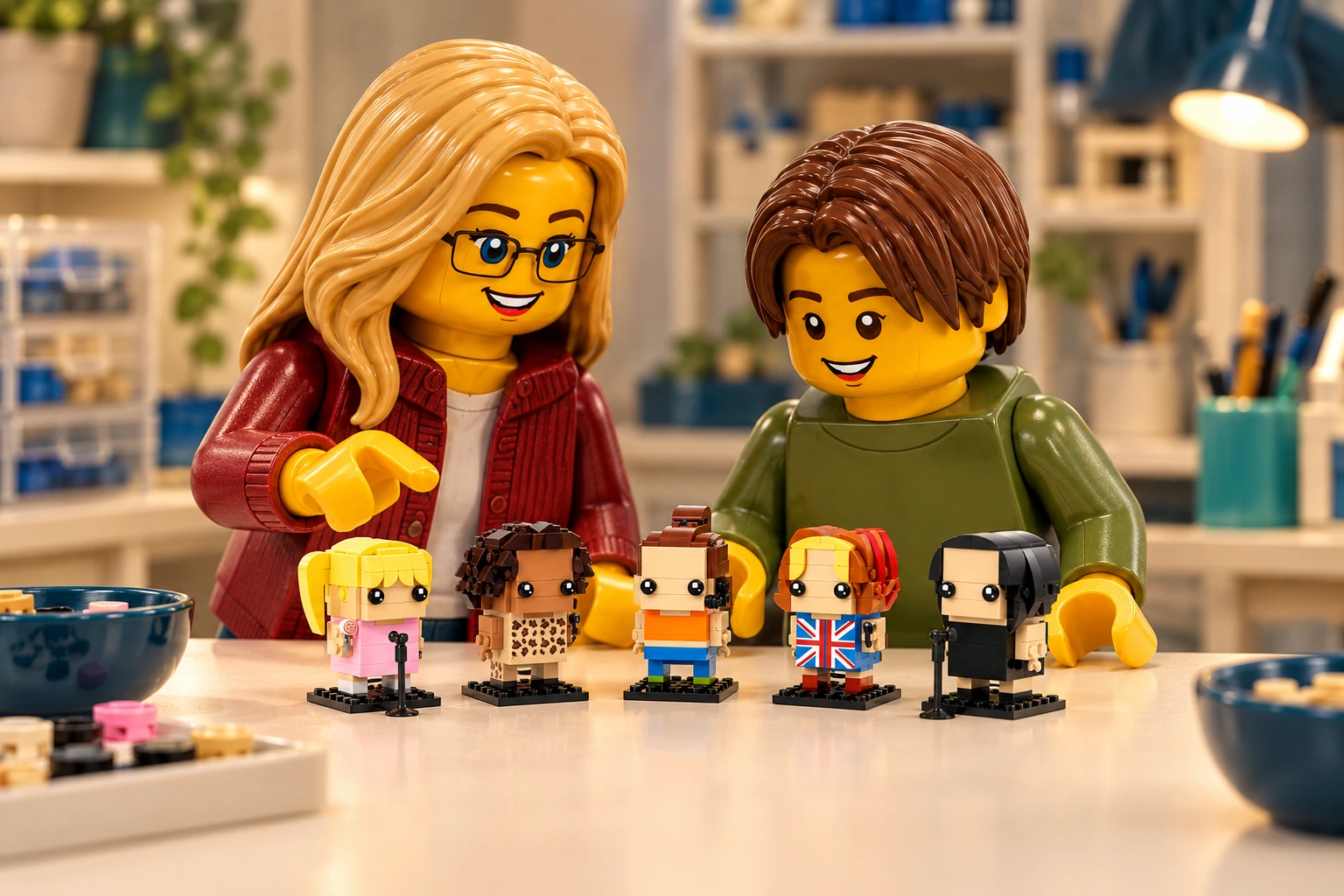 Illustration en briques : une adulte blonde à lunettes et un adolescent châtain découvrent les cinq petits modèles des Spice Girls alignés sur une table.