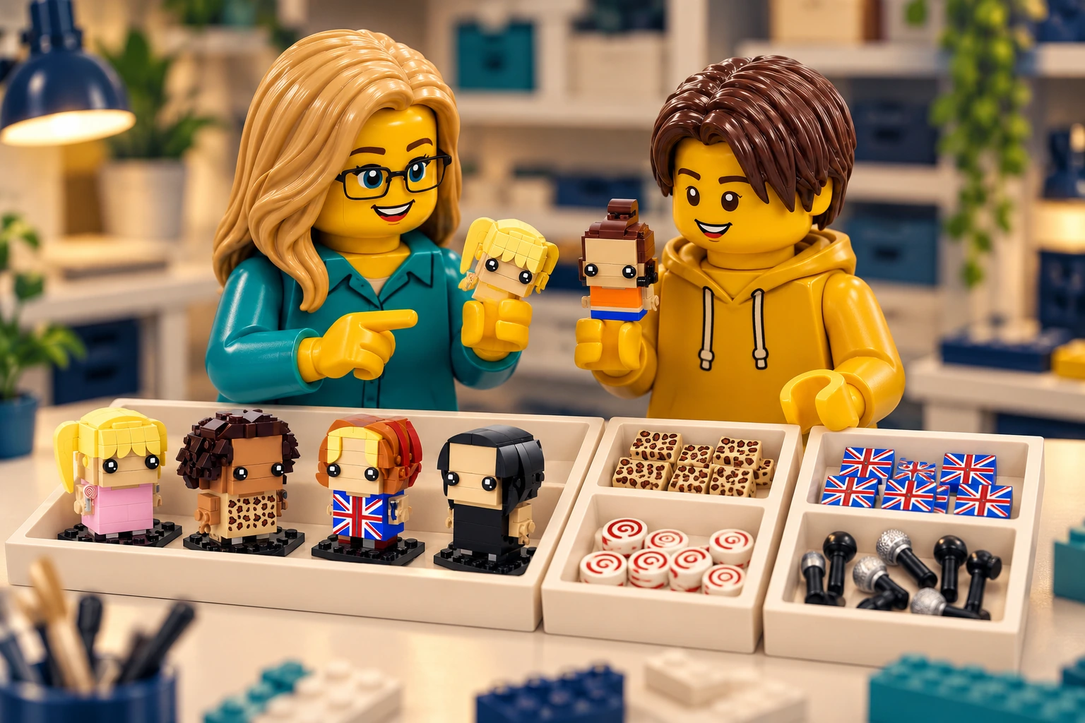 Illustration en briques : une adulte blonde à lunettes et un adolescent châtain comparent de petits modèles et des éléments imprimés Union Jack, léopard et spirale, avec des microphones triés.