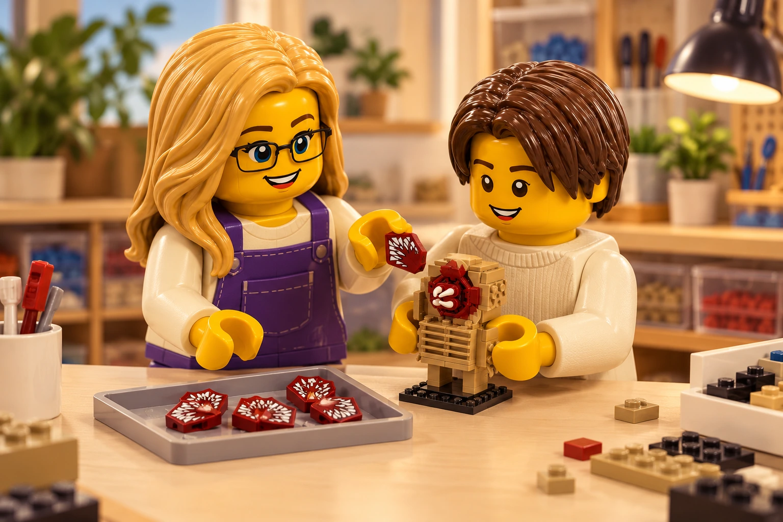 Illustration en briques : une adulte blonde à lunettes tient un pétale rouge foncé distinct tandis qu’un adolescent châtain manipule un petit Demogorgon partiel auprès de pétales triés.