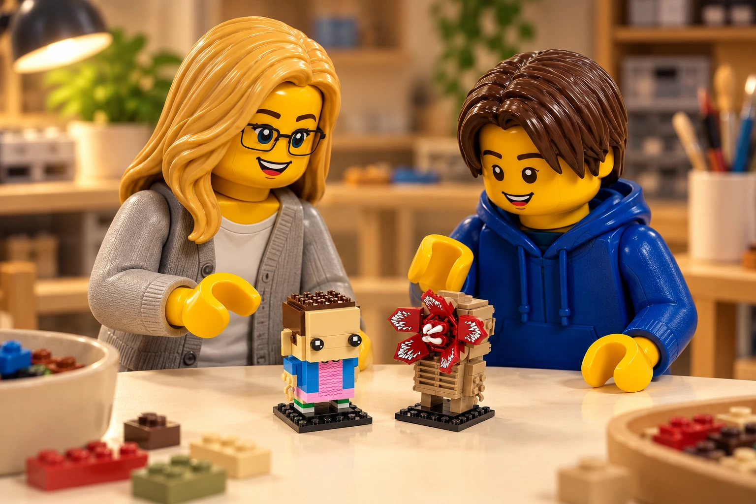 Illustration en briques : une adulte blonde à lunettes et un adolescent châtain découvrent les deux petits modèles assemblés d’Onze et du Demogorgon sur une table.