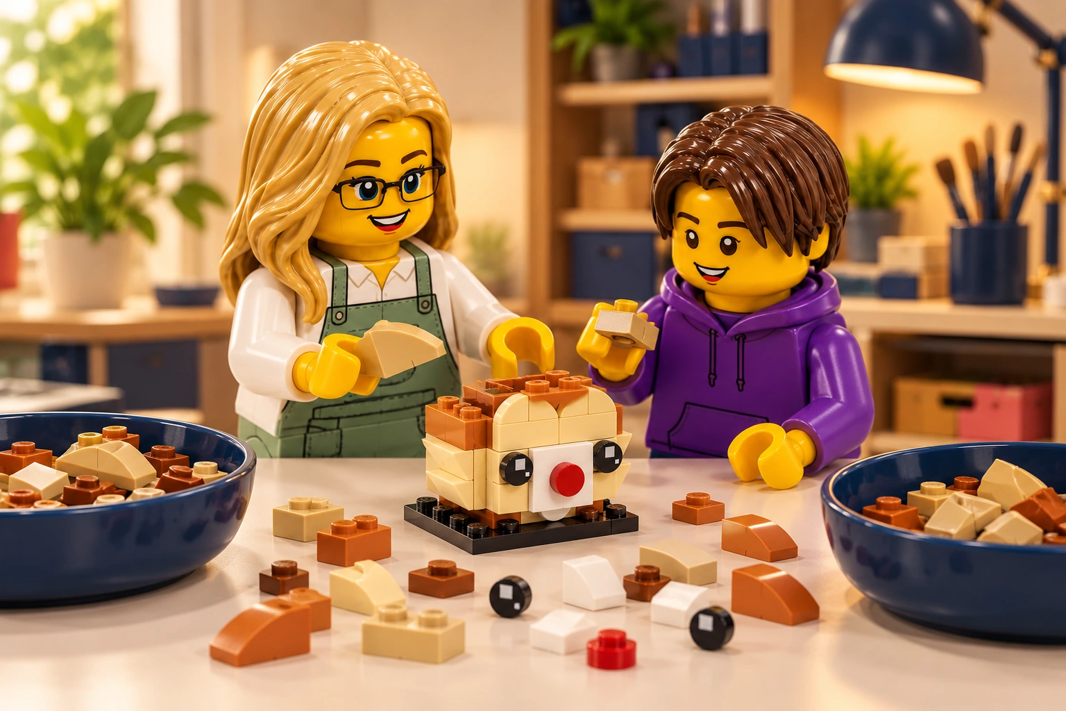 Illustration en briques : une adulte blonde à lunettes et un adolescent châtain construisent une petite tête partielle de Tac au nez rouge et aux joues blanches, avec des courbes nougat moyen triées.