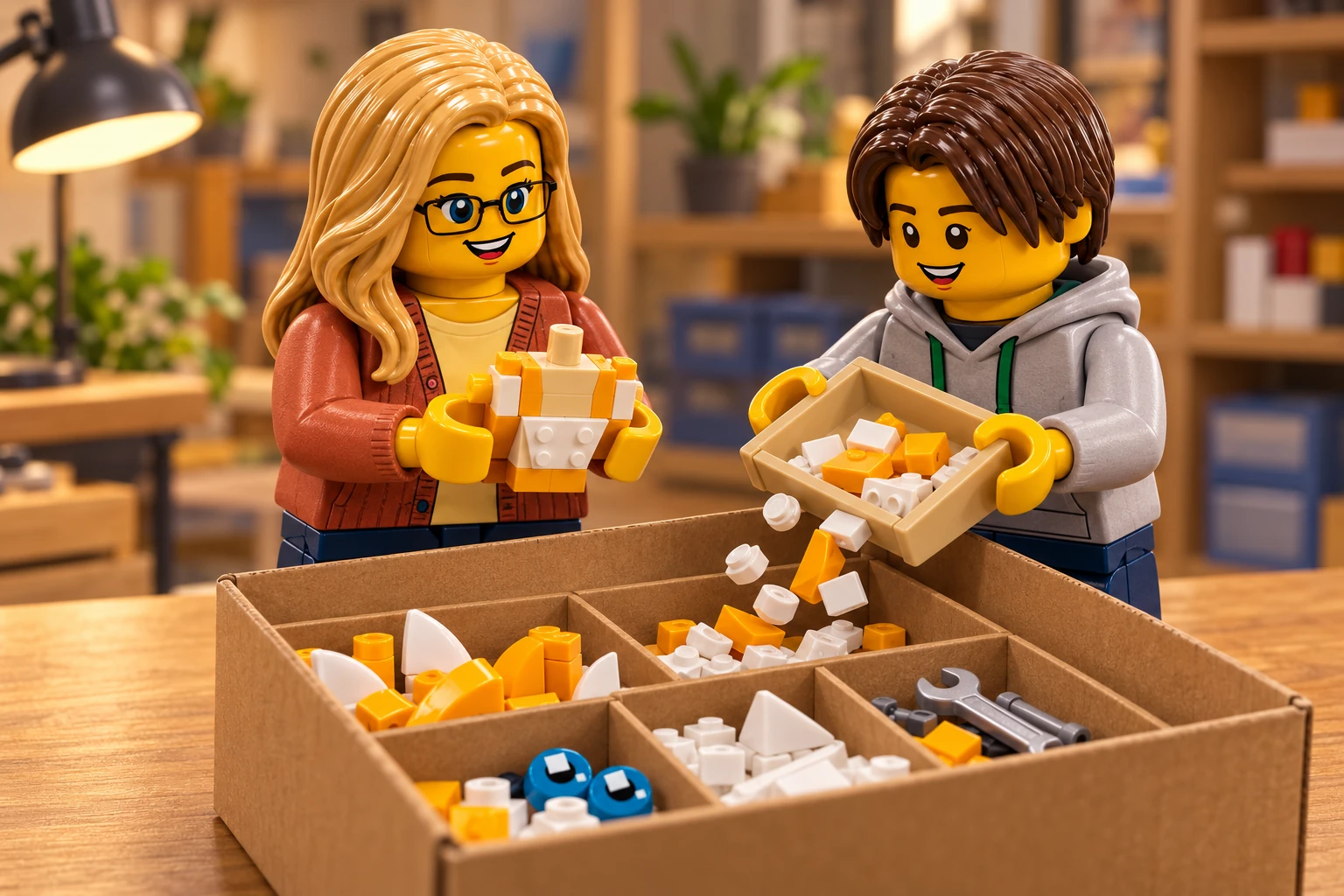 Illustration en briques : l’adulte en cardigan terracotta tient un petit torse sans tête, tandis que l’adolescent en sweat gris verse des pièces orange et blanches dans une boîte compartimentée contenant des pièces triées.