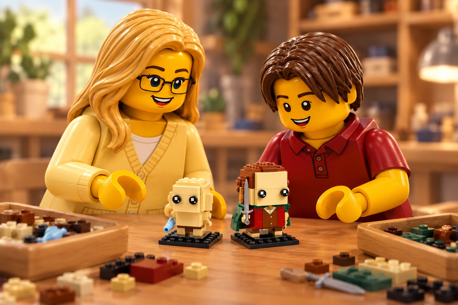 Illustration en briques : une adulte blonde à lunettes, en cardigan jaune clair, et un adolescent châtain en polo rouge découvrent deux petits personnages terminés, Frodon et Gollum, sur leurs socles noirs.
