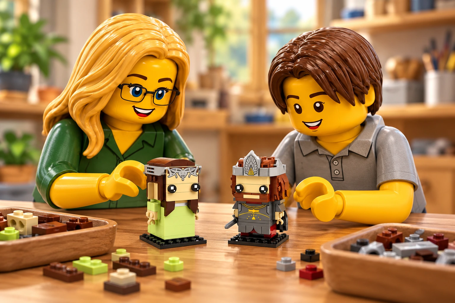 Illustration en briques : l’adulte blonde à lunettes en chemise verte et l’adolescent châtain en polo gris découvrent deux petits personnages terminés : Arwen en robe vert jaunâtre et Aragorn en armure couronnée, sur leurs socles noirs.