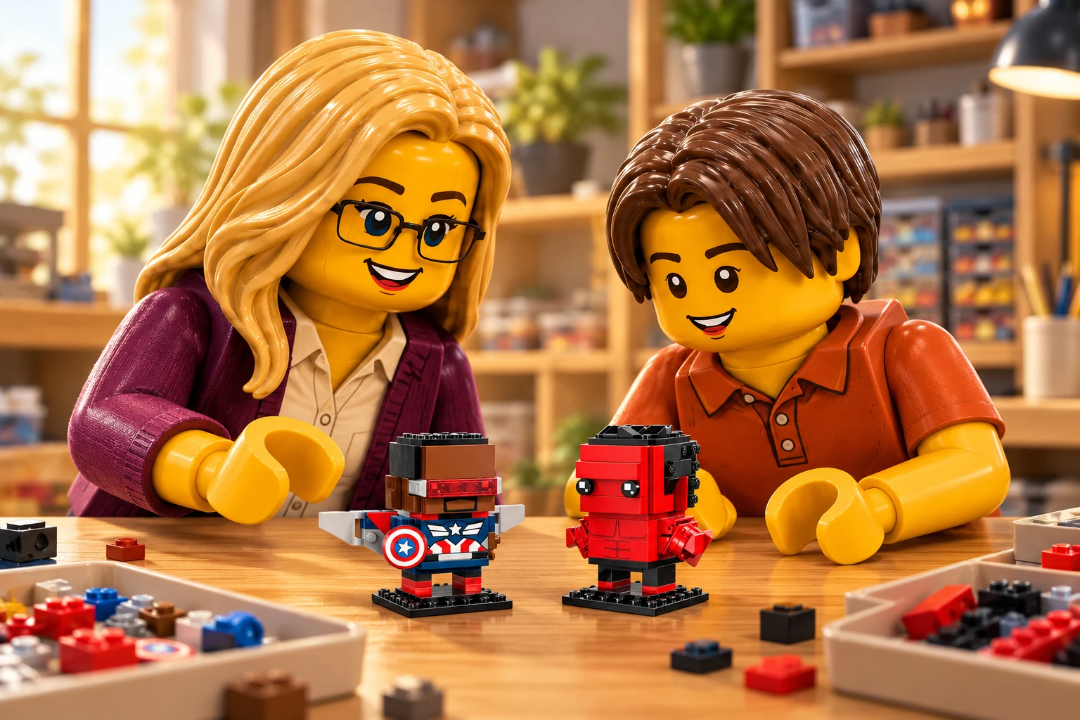 Illustration en briques : l’adulte blonde à lunettes en cardigan prune et l’adolescent châtain en polo orange découvrent deux petits personnages terminés, Captain America au bouclier rond et Hulk rouge, sur leurs socles noirs.