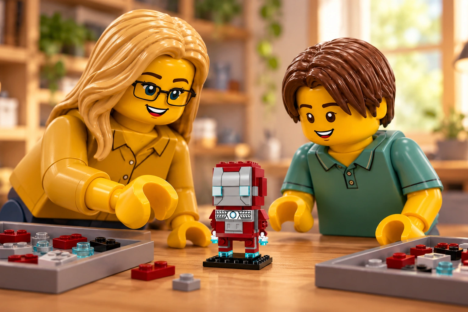Illustration en briques : l’adulte blonde à lunettes en chemise moutarde et l’adolescent châtain en polo vert découvrent un petit Iron Man MK5 rouge foncé et gris sur son socle noir, entre deux bacs de pièces.