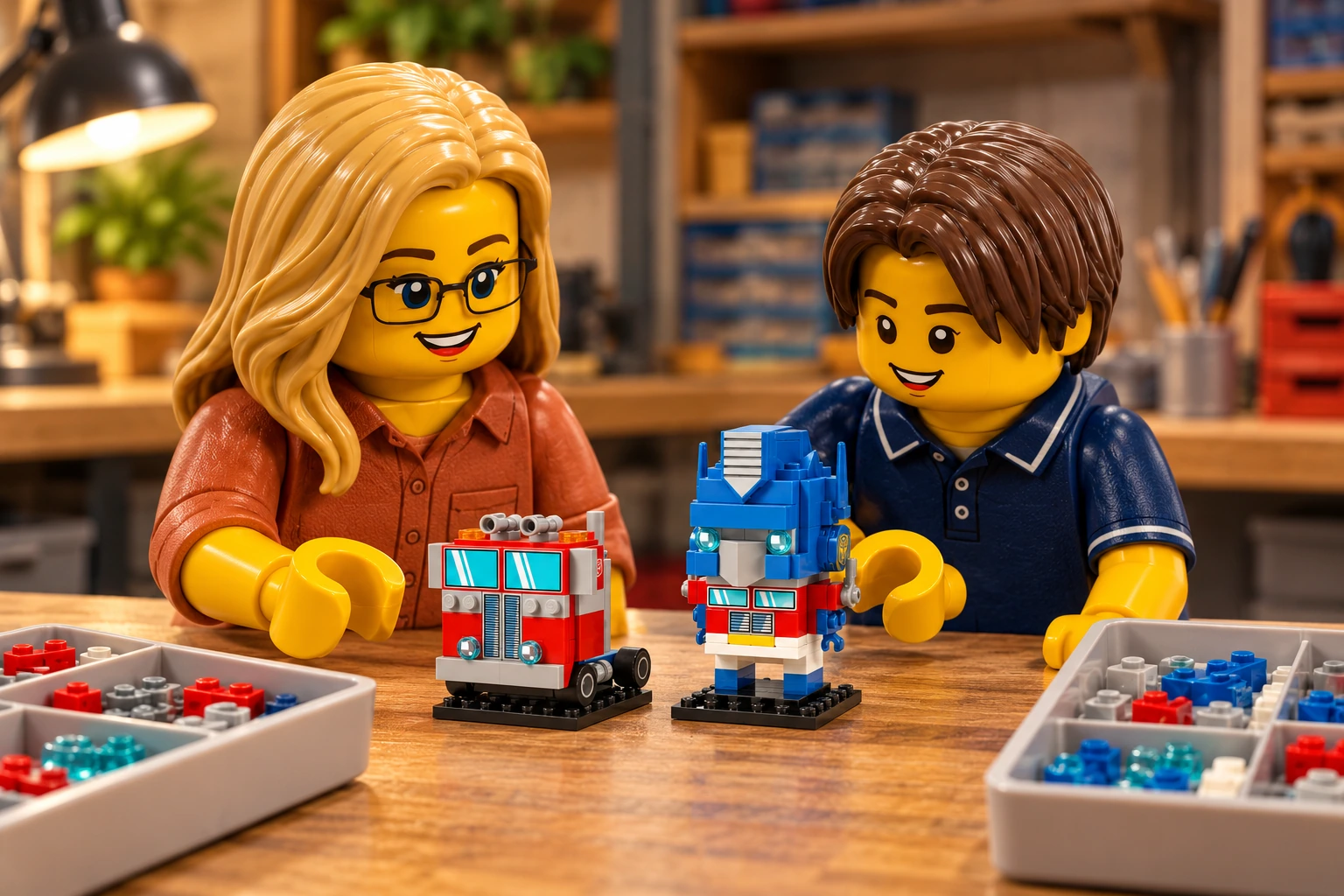 Illustration en briques : l’adulte en chemisier terracotta et l’adolescent en polo bleu marine observent le petit robot et le camion Optimus Prime assemblés sur la table.