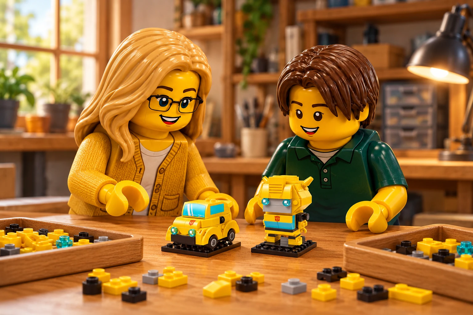 Illustration en briques : l’adulte en cardigan moutarde et l’adolescent en polo vert forêt observent le petit robot et la voiture Bumblebee jaunes assemblés sur la table.