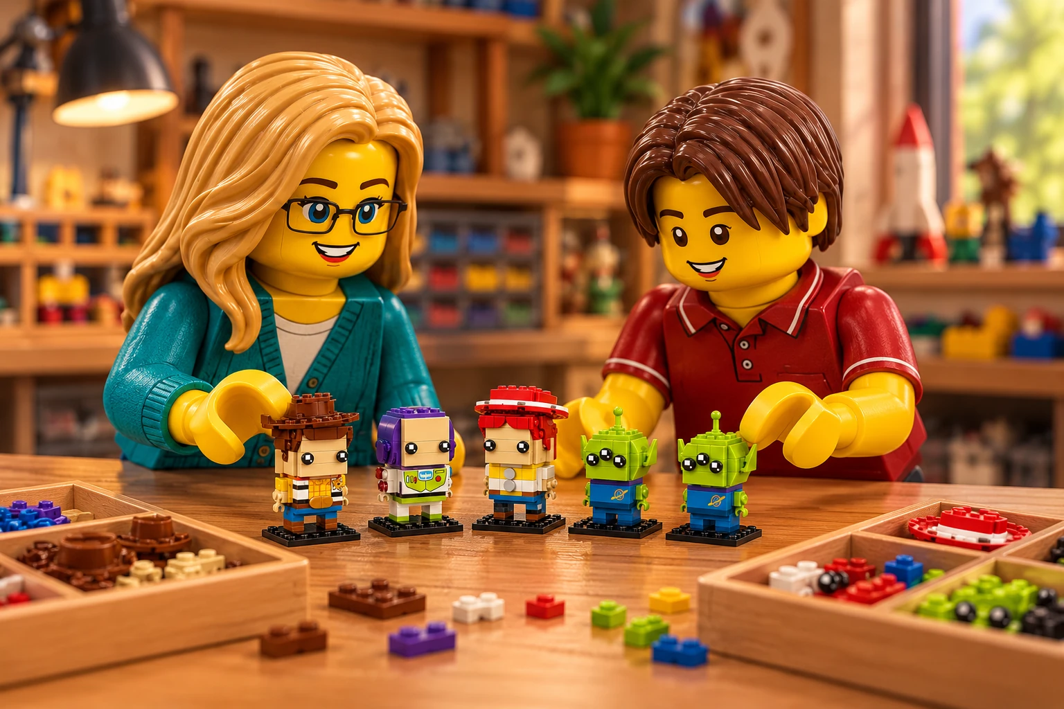 Illustration en briques : l’adulte en cardigan bleu-vert et l’adolescent en polo rouge brique observent les cinq petits modèles assemblés de Toy Story sur la table.