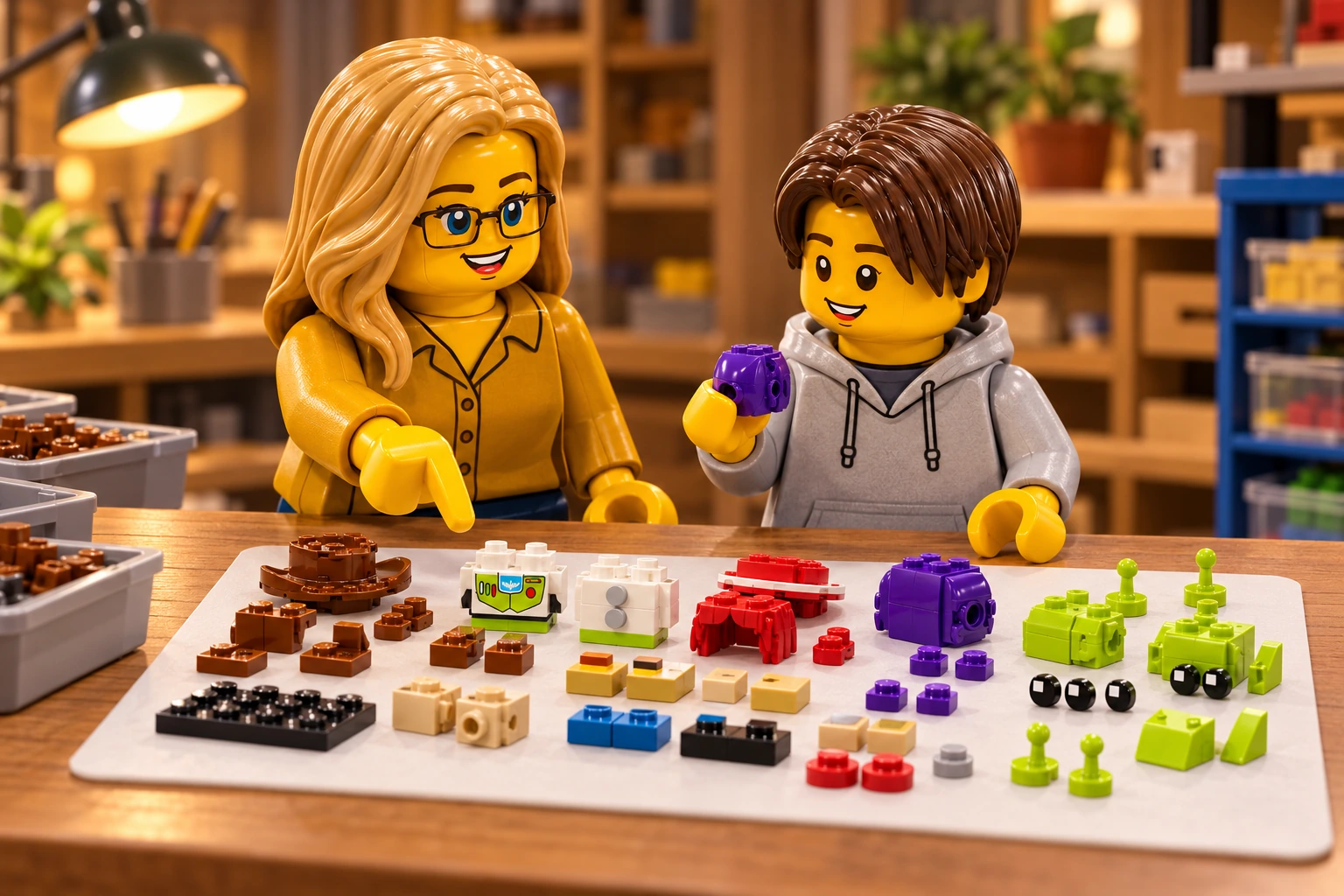 Illustration en briques : l’adulte en chemisier ocre désigne les petites pièces brunes du tapis ; l’adolescent en sweat gris clair tient une pièce violette près des éléments triés.