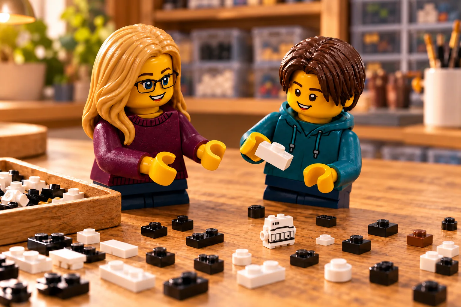 Deux figurines travaillent devant un petit torse blanc sans tête ni jambes ; l’adolescent tient une brique blanche au-dessus des pièces disposées sur la table.