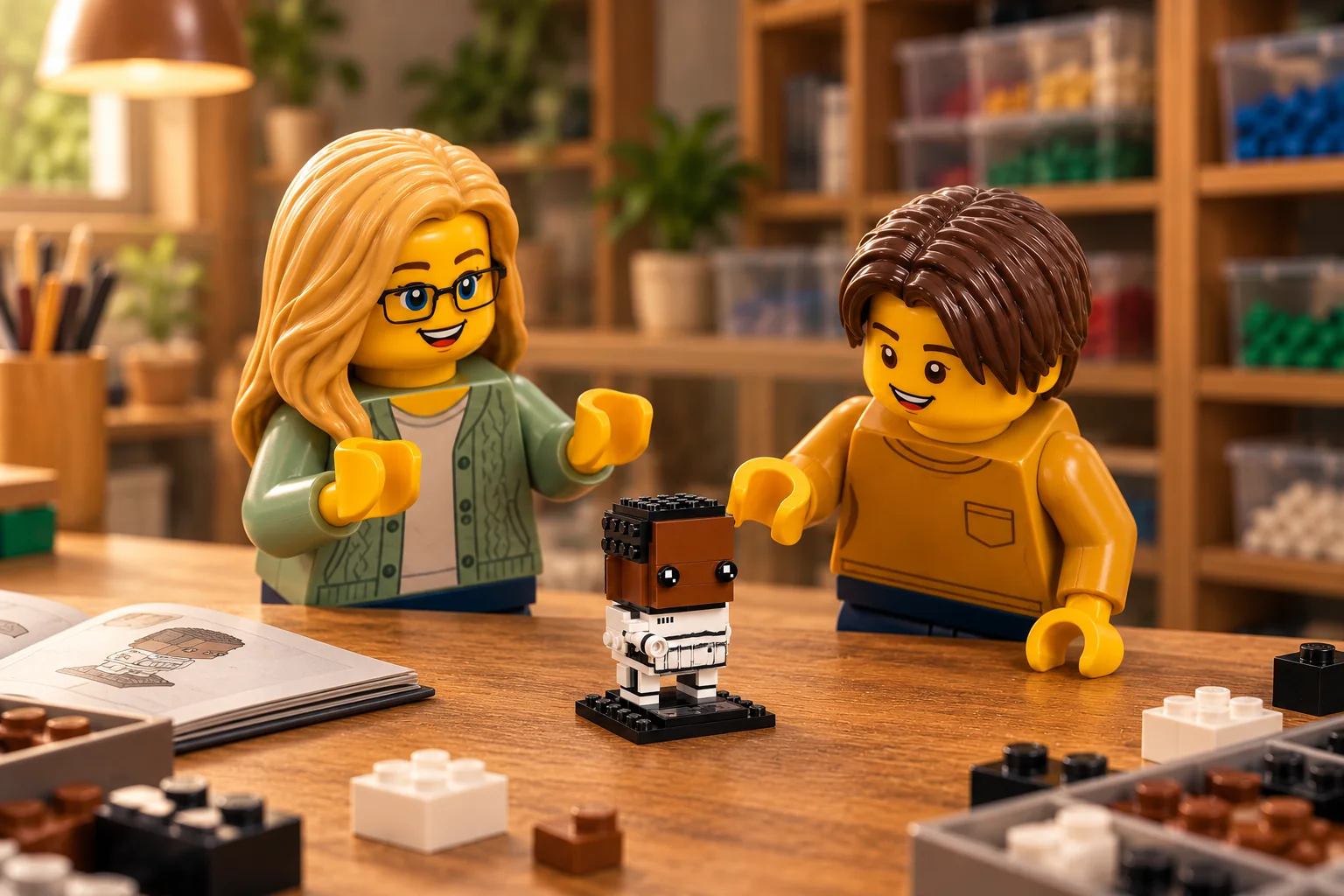 Deux figurines découvrent un petit personnage Finn construit posé sur un socle noir, près d’un livret ouvert et de pièces sur la table.