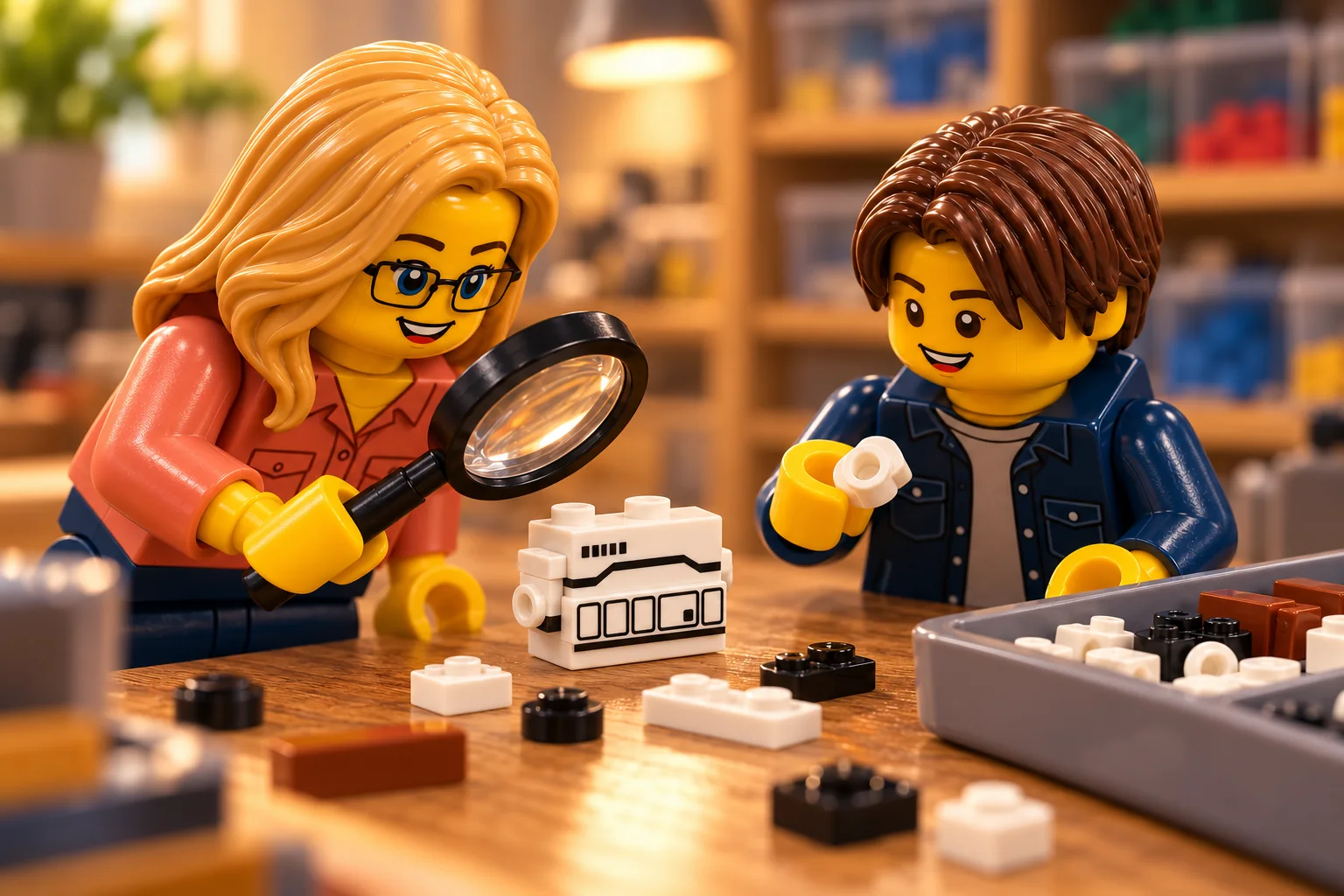 Une figurine blonde avec lunettes observe à la loupe un torse blanc séparé ; une figurine adolescente tient une pièce blanche près d’un bac de tri.