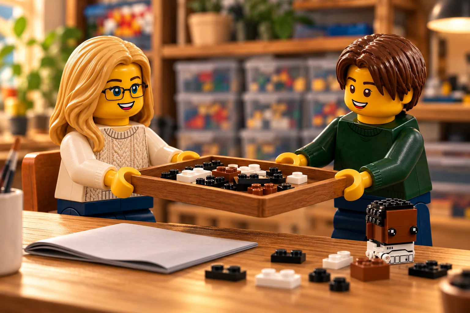 Deux figurines se passent un plateau de pièces ; une tête et un torse inspirés de Finn restent partiellement visibles à côté d’un livret posé sur la table.