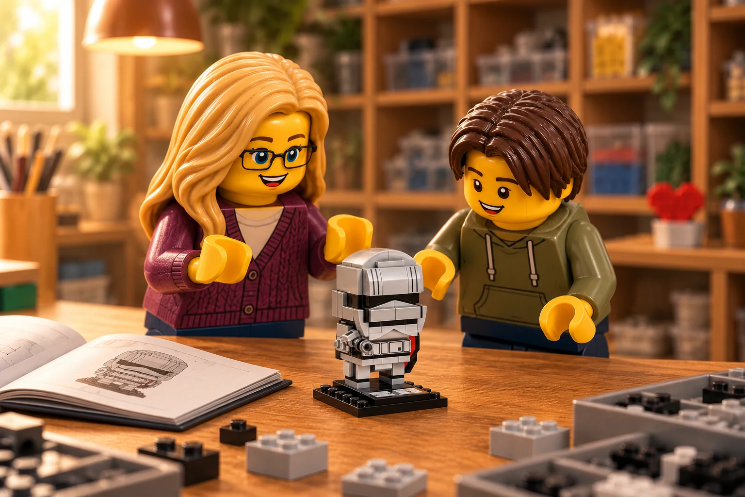 Deux figurines en plastique, une adulte blonde à lunettes en cardigan prune et un adolescent brun en sweat olive, découvrent un petit modèle gris sur un établi.