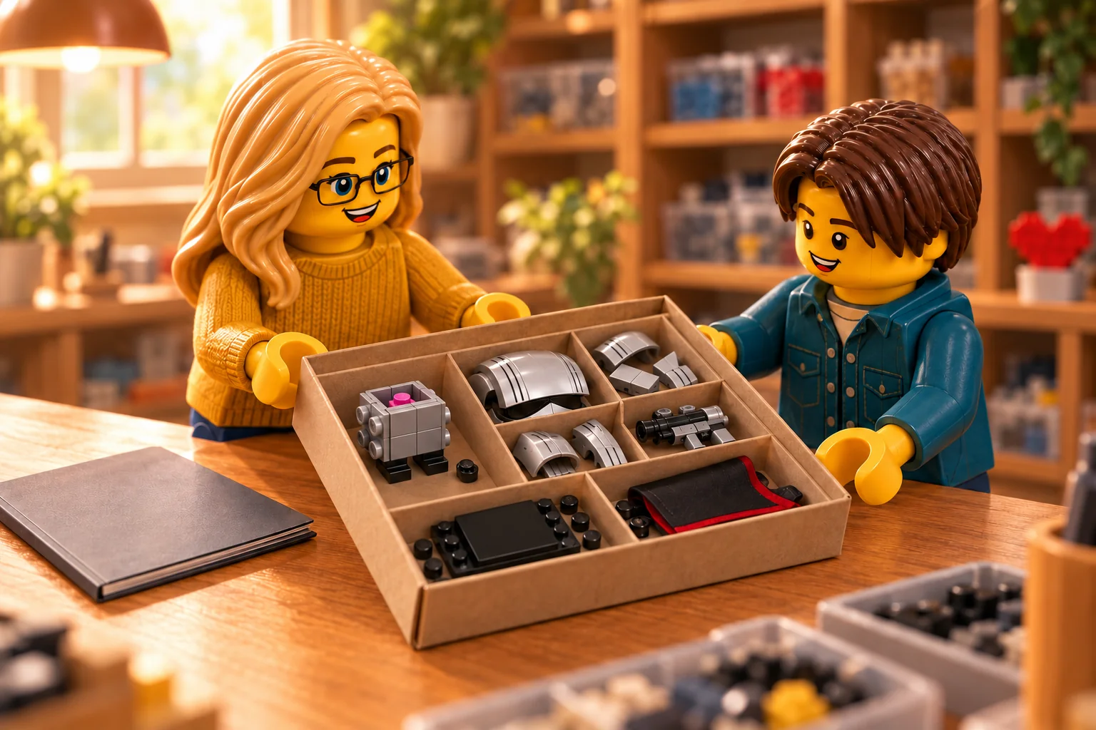 Deux figurines, une adulte blonde à lunettes en pull ocre et un adolescent brun en chemise bleu-vert, tiennent une boîte compartimentée contenant des sous-assemblages gris et noirs.