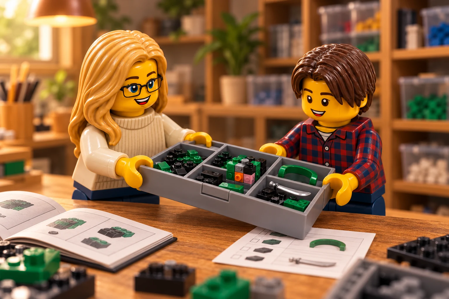 Une adulte blonde à lunettes en pull crème et un adolescent brun en chemise à carreaux rouge et bleu tiennent une boîte contenant des pièces triées et un petit noyau vert et noir incomplet.