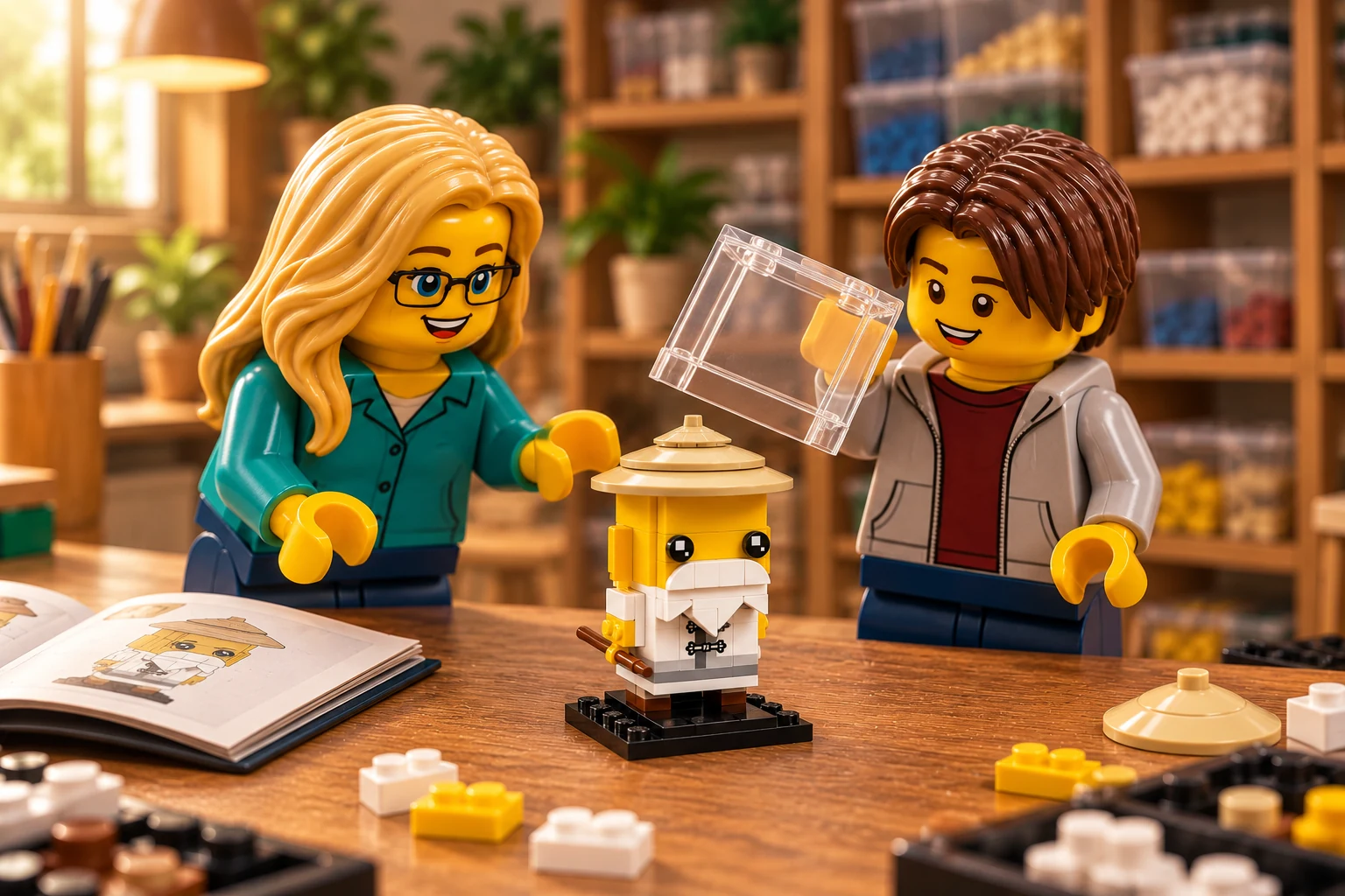 Un adolescent brun en veste grise soulève un capot transparent au-dessus d’un petit modèle blanc et jaune ; une adulte blonde à lunettes en chemisier turquoise le découvre sur l’établi.