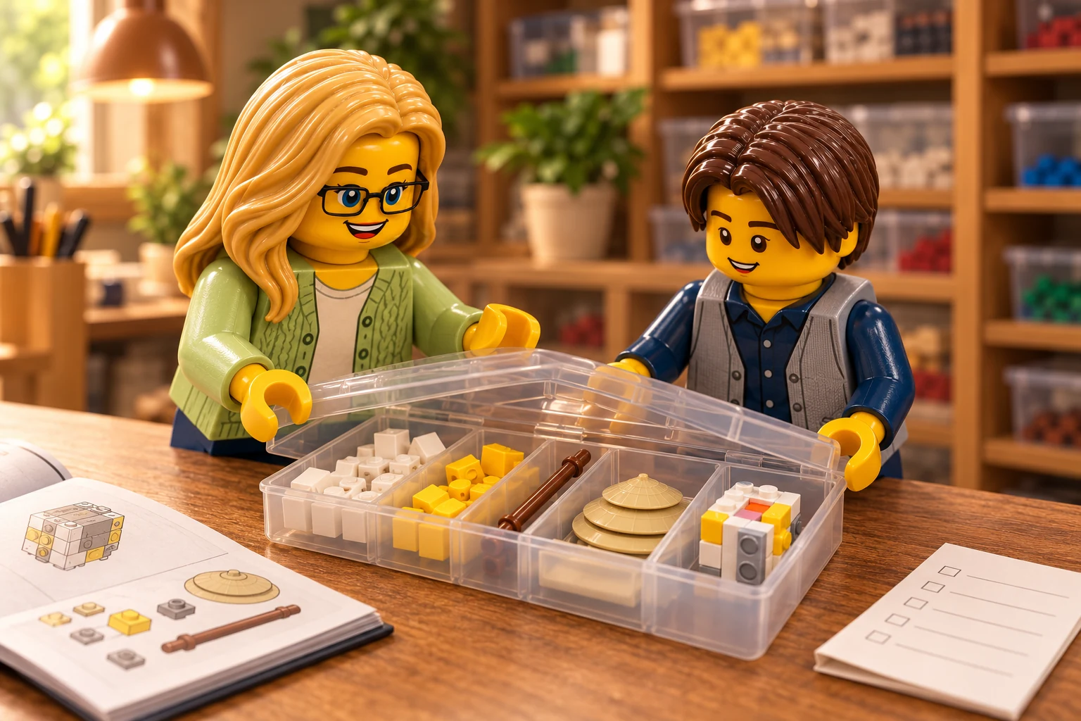 Une adulte blonde à lunettes en cardigan vert clair abaisse le couvercle d’une boîte ; un adolescent brun en chemise bleue et gilet gris la maintient, avec des pièces triées et un petit noyau incomplet à l’intérieur.