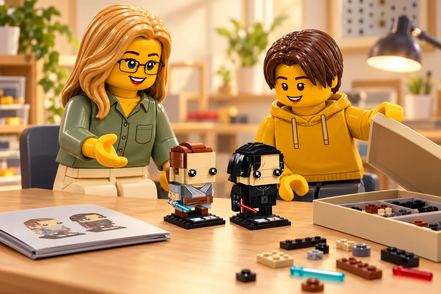 Une adulte blonde avec lunettes et un adolescent découvrent deux petits personnages inspirés de Rey et Kylo Ren sur une table, près d’un plateau ouvert de pièces et d’un livret.