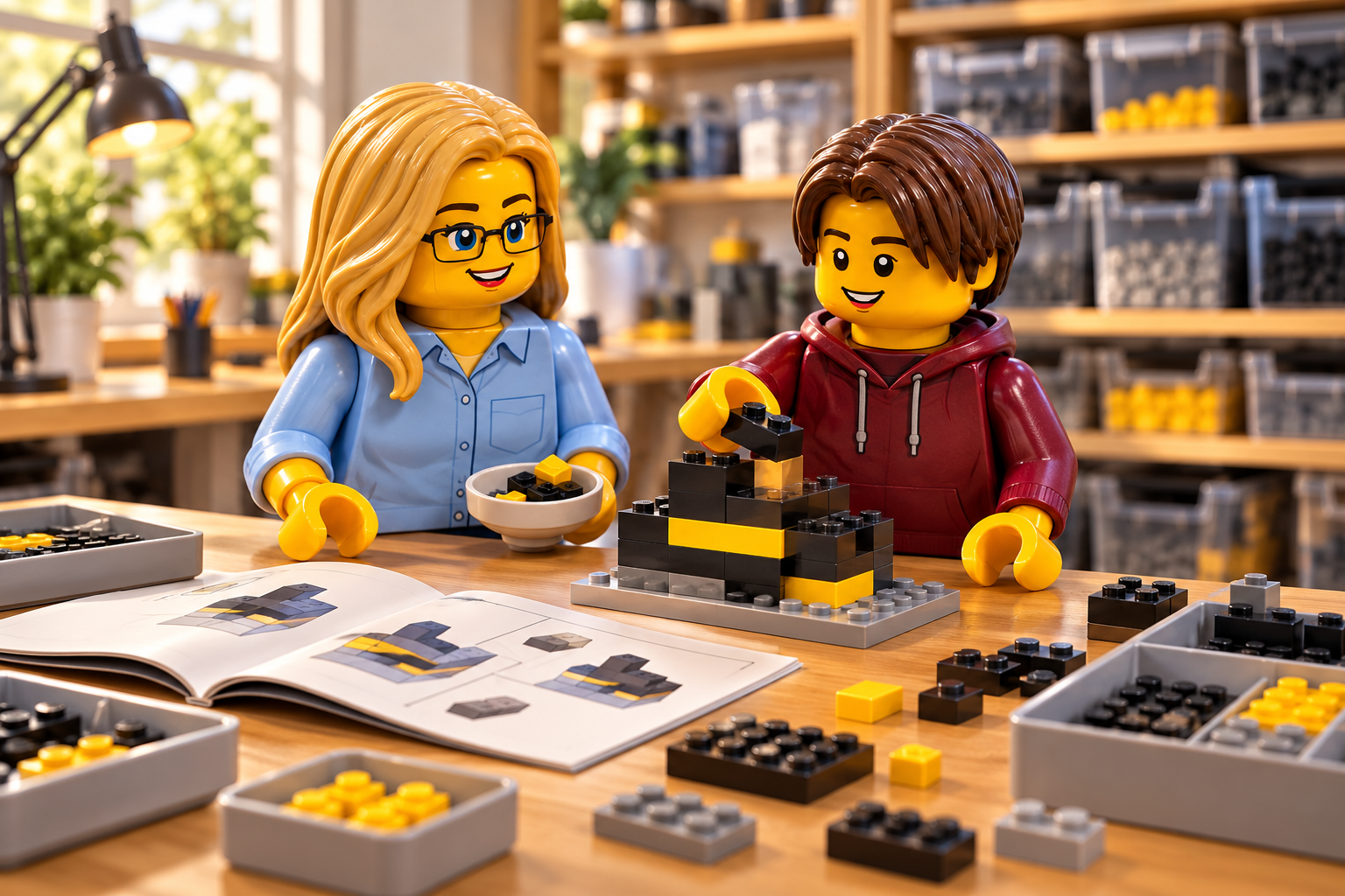 Illustration : une adulte blonde à lunettes et un adolescent assemblent une petite construction libre noire et jaune dans un atelier.