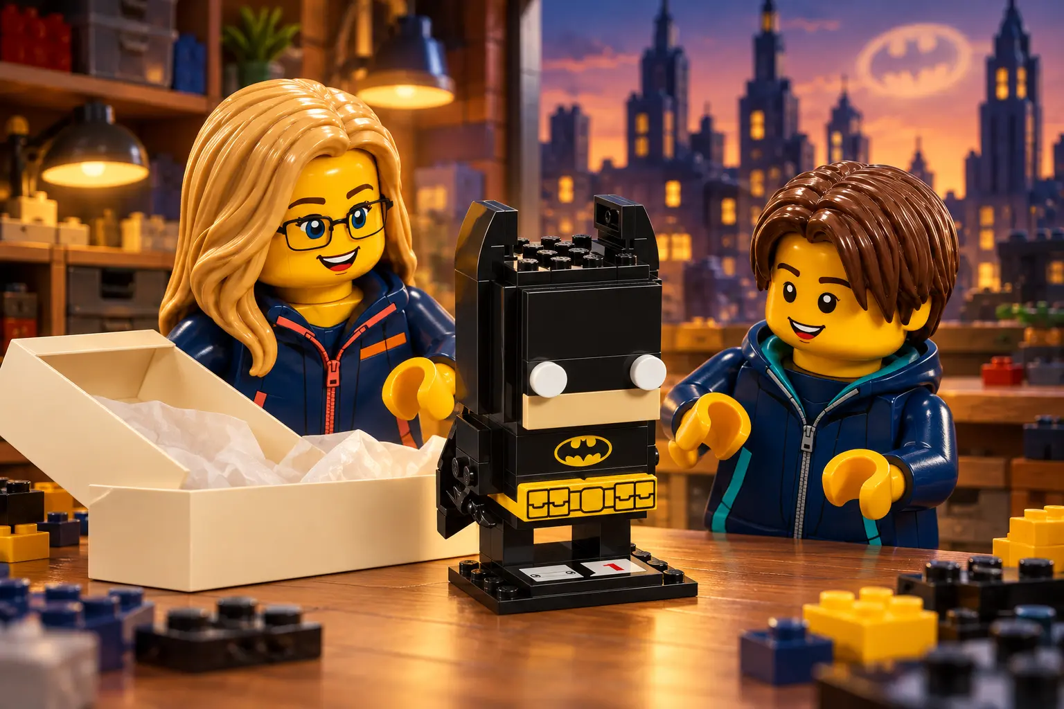 Illustration de la découverte de Batman BrickHeadz sur son socle, par deux personnages en briques dans un atelier.