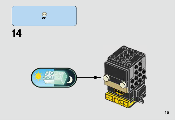 Notice LEGO 41585, page 15 : pose des deux yeux phosphorescents à l’étape 14.