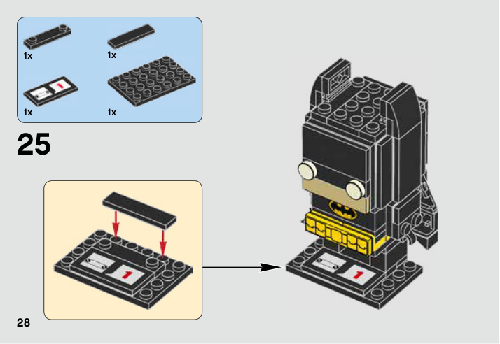Notice LEGO 41585, page 28 : construction du socle noir et installation de Batman.